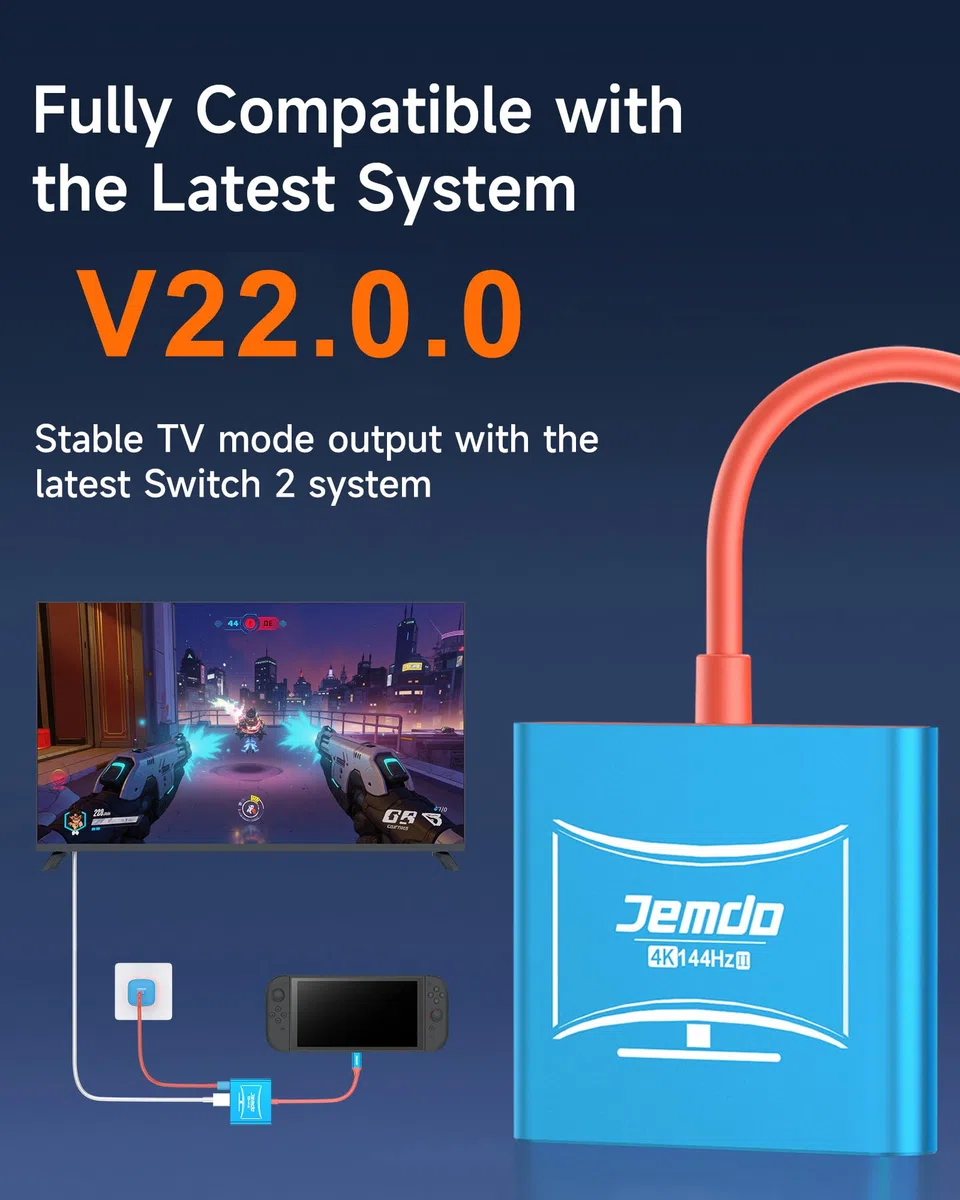 JEMDO Switch 2 Dock für TV (V22.0.0), HDMI Adapter 4K@144Hz HDR, HDMI 2.1 USB-C Hub mit 48Gbps, USB 3.2 & 100W PD Schnellladen, tragbare Travel Dock kompatibel mit Switch 2 / OLED / 2017