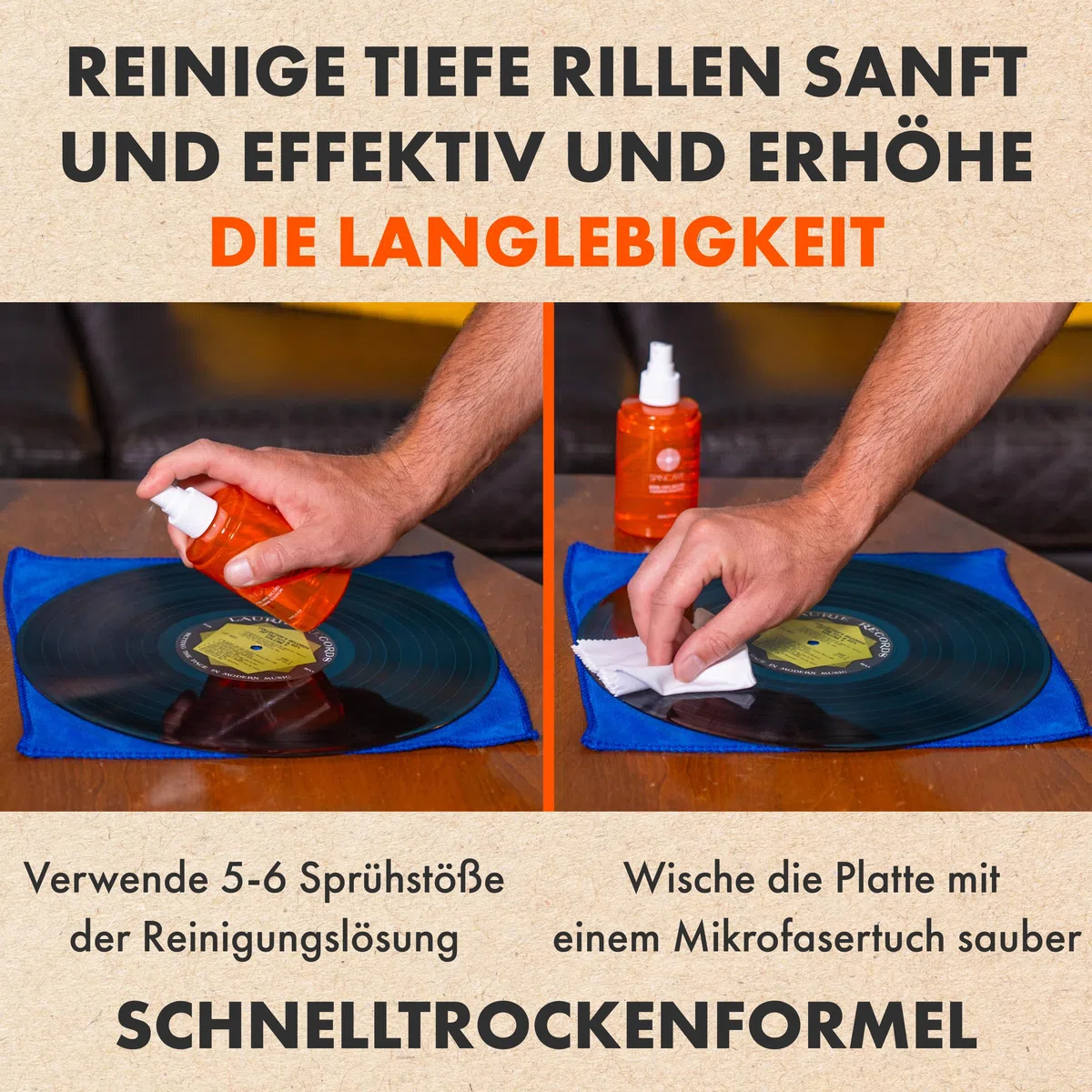 5-in-1 Vinyl Schallplatten LP Reinigungsset von SPINCARE | Mit Antistatischer Schallplattenbürste/Karbonfaser-Nadelbürste/Schallplatten Reinigung Lösung/Ständer zum Trocknen