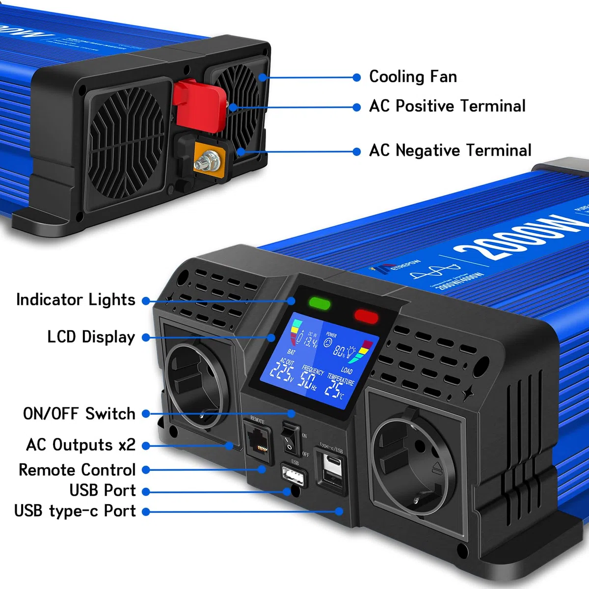 2000W/4000W 12V Auf 230V Reiner Sinus Wechselrichter mit Fernbedienung, 2 EU Steckdosen, 2 USB+Tycp-C Anschlüssen, geeignet für Haushaltsgeräte, Wohnmobile, Camping Spannungswandler