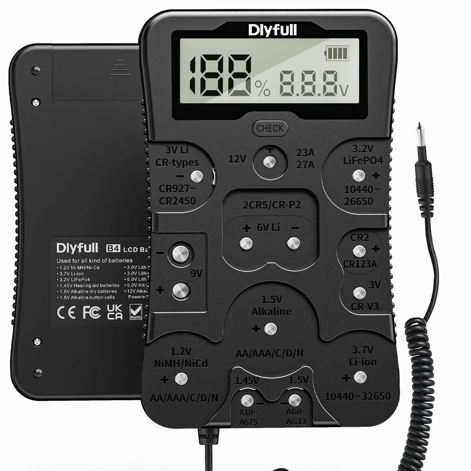 Dlyfull Universal Batterietester für AAA AA C D 9V CR123A CR2032, Batteriemessgerät mit LCD Display für Alle Batterien und Akku, Digitaler Testgerät für 1,5V und 3V Knopfzellen, B4 pro
