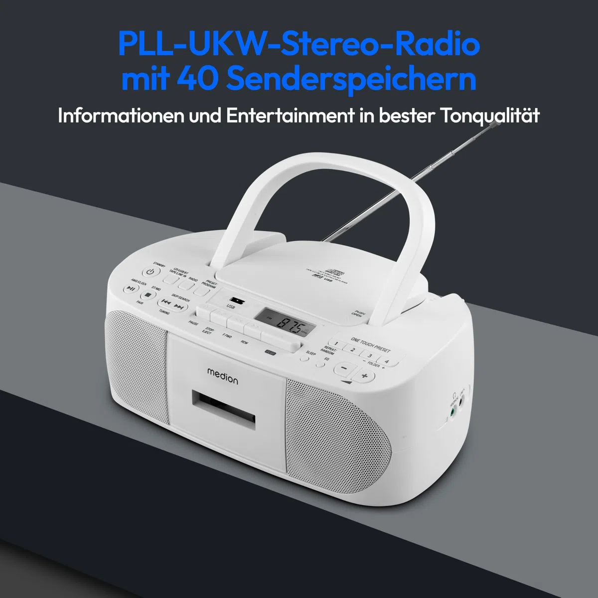MEDION E65010 Stereoradio (CD-Player, Kassette, USB Anschluss, AUX Audioeingang, MP3-Widergabe. UKW PLL Radio,40 Senderspeicher, Batteriebetrieb, Fernbedienung) weiß