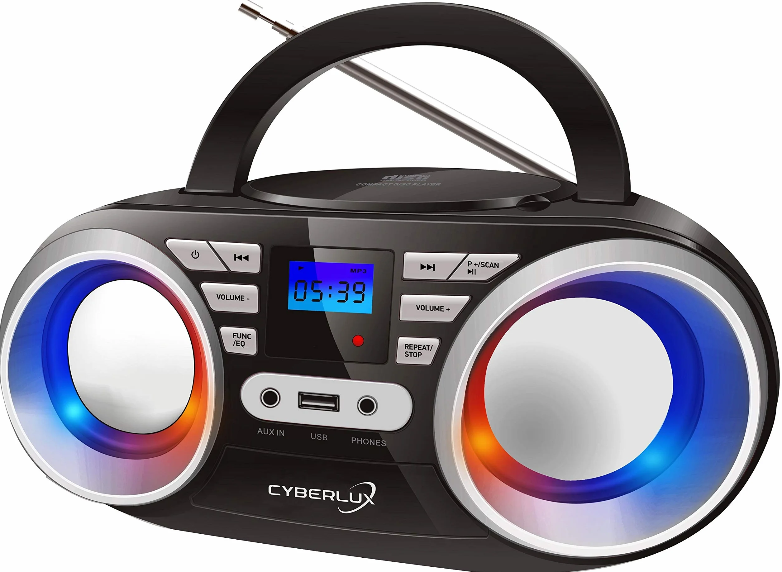 Tragbarer CD-Player | LED-Disco-Lichter | Boombox | CD/CD-R | USB | FM Radio | AUX-Eingang | Kopfhöreranschluss | 20 Speicherplätze | Kinderradio | CD-Radio | Kompaktanlage (Black/Sunny Silver)