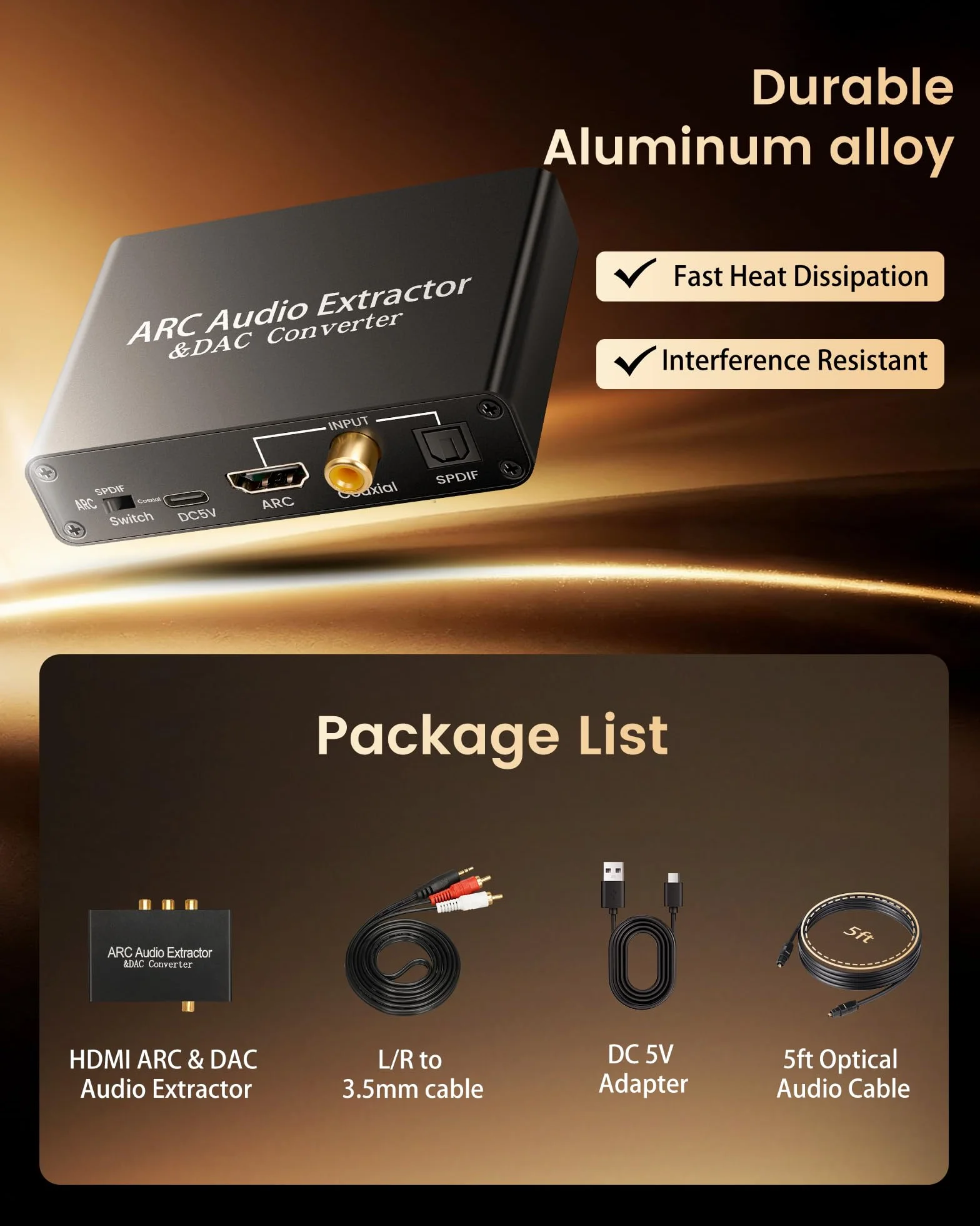 HDMI ARC Audio Extractor DAC Audio Converter, 192 KHz Digital to Analog Converter mit CEC, HDMI ARC/Optical/Coaxial Input, SPDIF/Optical/RCA/3.5mm Stereo Output