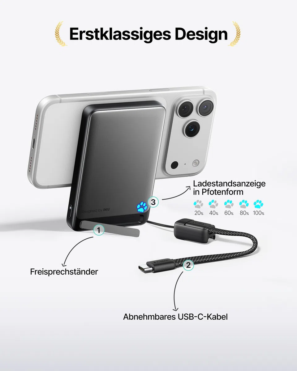 INIU Ultra-schlank 10000mAh Power Bank für MagSafe, Original Qi2-zertif. Wireless Fast Charging für iPhone 17-12 Serie, 45W Externe Akku mit USB C Kabel & Ständer, Reise Essential Magnetische Batterie