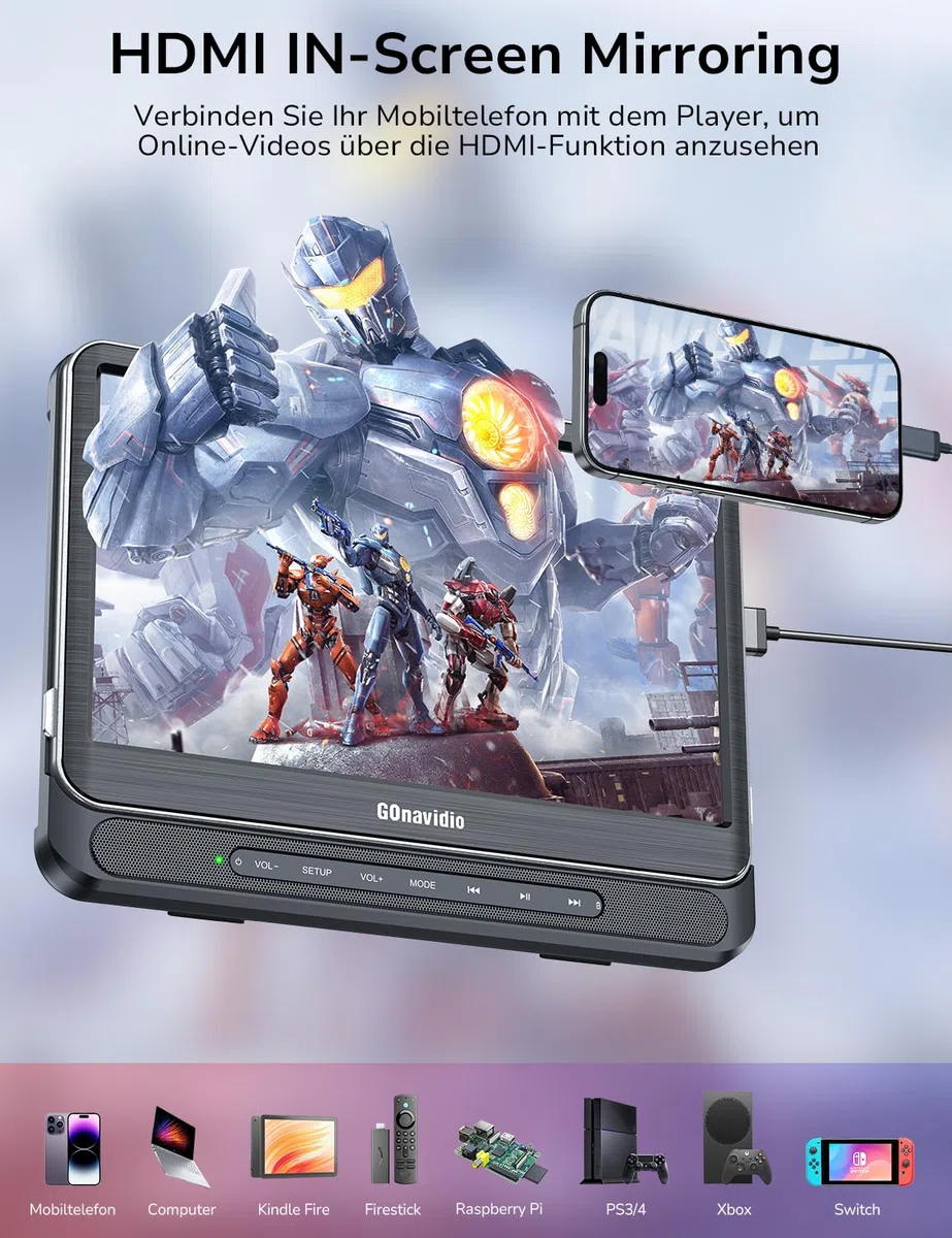 GOnavidio 12" DVD Player Auto 2 Bildschirme, 5 Stunden Wiederaufladbar Kopfstütze für Auto mit 1080P HDMI-Eingang, Kopfhörern, unterstützt USB/TF-Karte, Sync Screen, regionsfrei, letzter Speicher