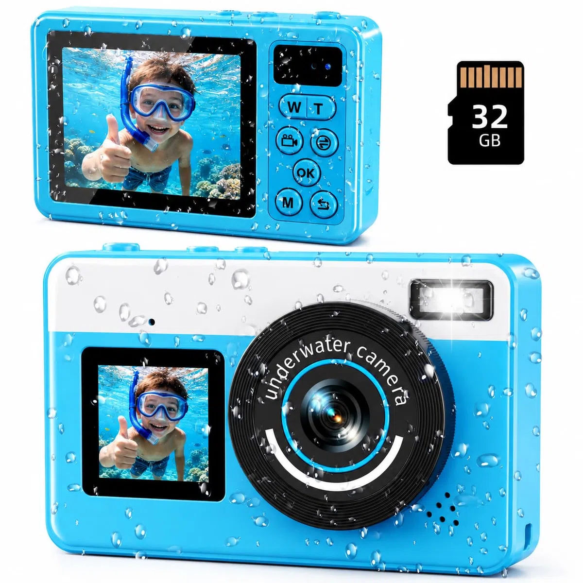 Maxmango D70 4K Unterwasserkamera, 10FT Selfie Doppelte Bildschirme, 32GB Karte, 18X Digitalzoom
