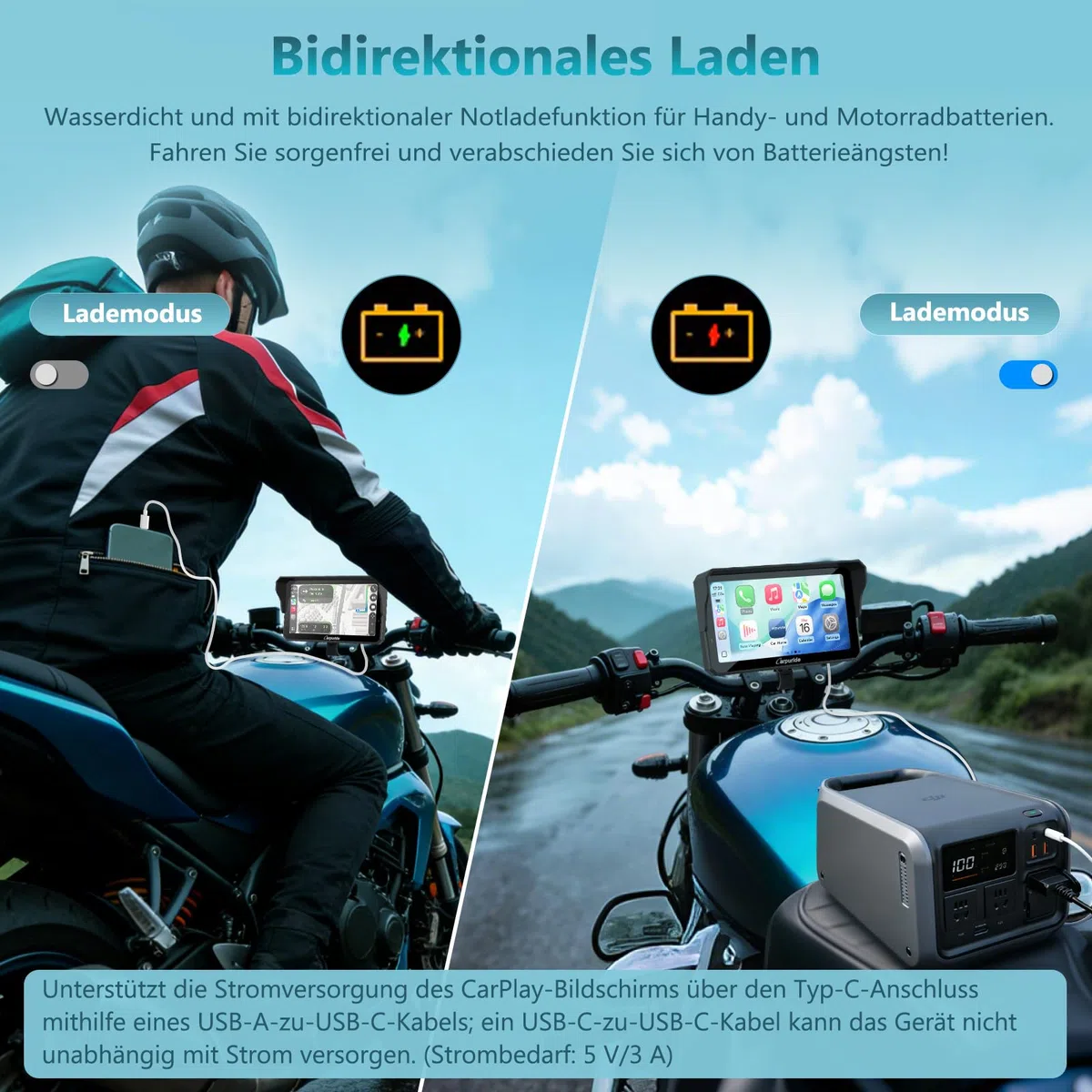 Carpuride W602S Pro Motorrad CarPlay Bildschirm mit BM05 für Plug-and-Play, Kabelloses CarPlay & Android Auto, 6,25" Wasserdichter Touchscreen, OTA, Dual-Bluetooth, Intercom-Funktion, Kabel Controller
