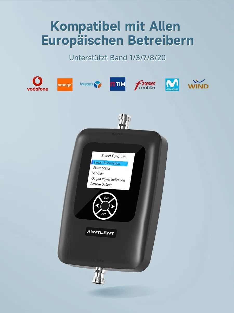 ANNTLENT LTE Verstärker Empfangsverstärker Handy mit Bildschirm Band 1/3/7/8/20 Unterstützt Alle Deutschen Betreiber O2 | 4G 3G 2G GSM Repeater 70 dB Hohe Verstärkung Einstellbar