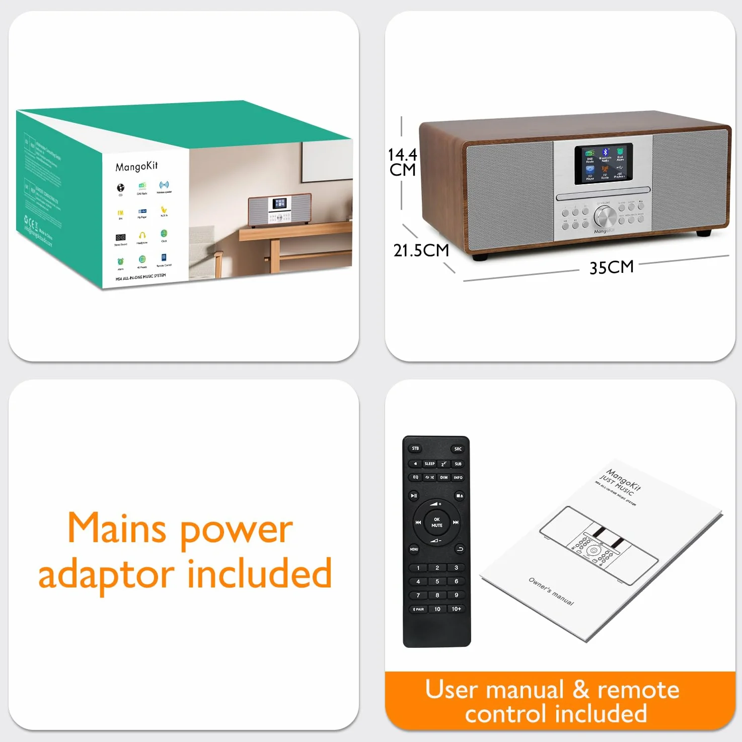MS4 CD Player DAB Radio HiFi System I Dab Radio mit Bluetooth IStereoanlage Kompaktanlage IAkustisches Holzgehäuse I CD Player mit Lautsprechern I 40 Presets,Kopfhöreranschluss I Walnuss