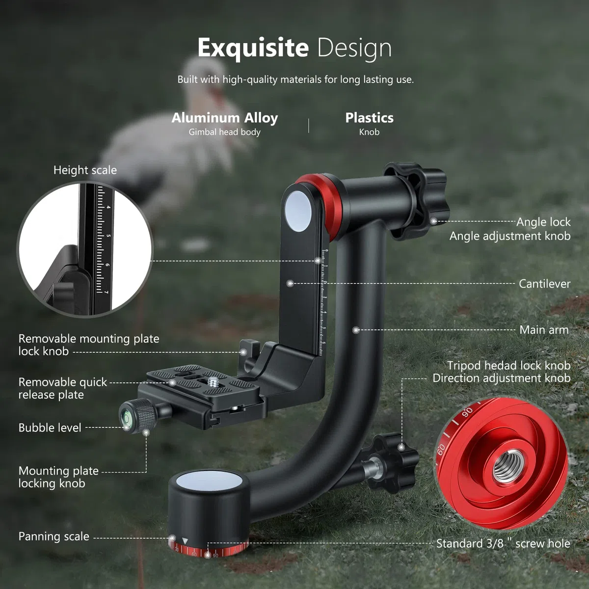 NEEWER Gimbal Stativkopf Professionelle Hochleistungs Aluminiumlegierung mit Arca Schnellwechselplatte, GM101 unterstützt reibungslosere 360 Grad Panoramaaufnahmen für DSLR Kameras bis zu 13,6kg