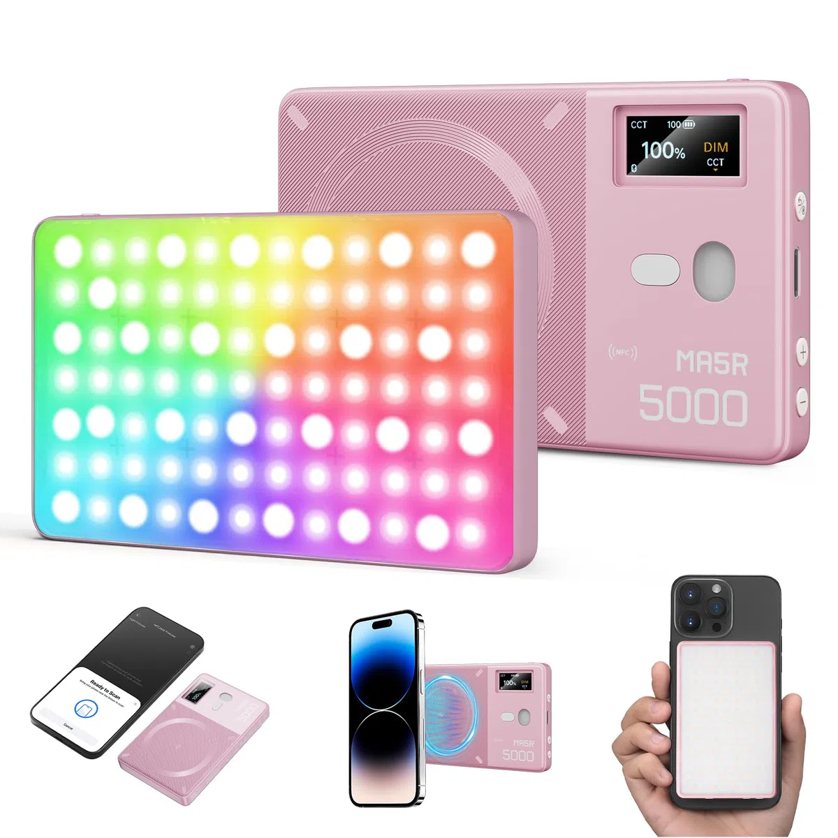 GODOX MA5R Magnetic Full Colour RGB Video Light, 1800K-10000K 14 Pre-Programmed Effects LED Light Photo for Selfie DSLR Camera (rosa)