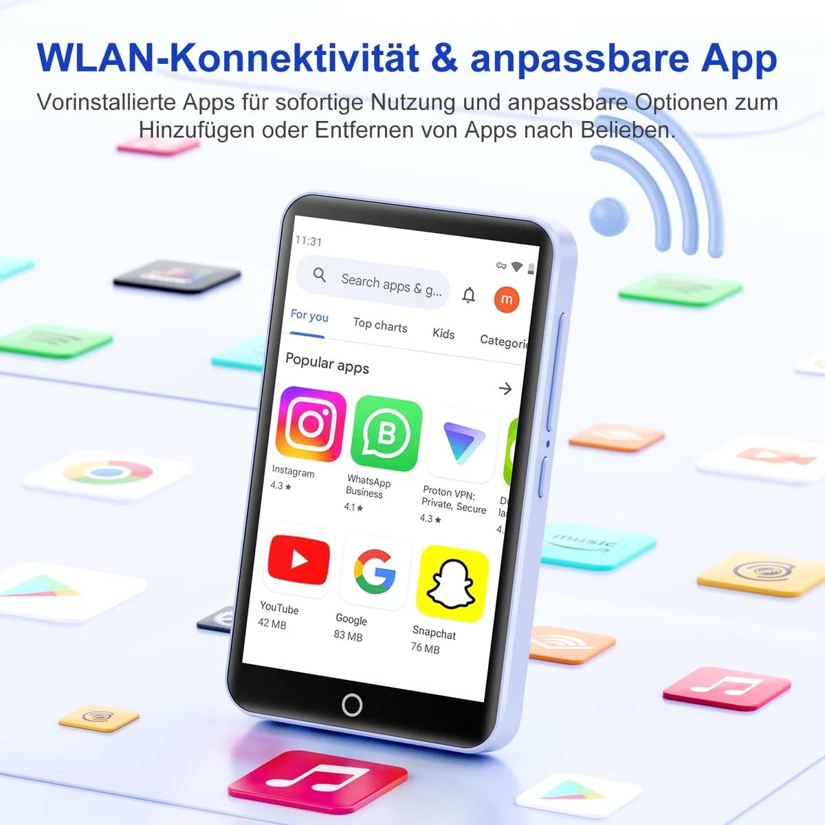 MP3 Player mit Bluetooth WiFi, 80GB MP3-Player mit Kamera, Android MP4 Player mit Spotify, Audible, Amazon Music, Deezer, 4.02" Touchscreen Kinder MP3 Player Musik Player mit Lautsprecher, FM Radio