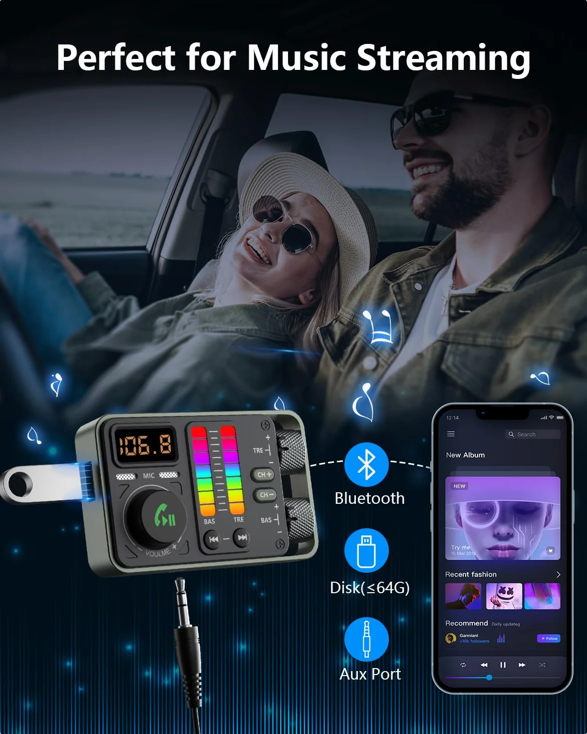 LENCENT Bluetooth 5.3 Auto FM Transmitter, PD20W QC18W Schnelles Autoladegerät, Radio Bluetooth Auto Adapter mit Dual Mics für Freisprecheinrichtung, Siri&Google, U Disk/3.5mm AUX, Hi-Fi Treble & Bass