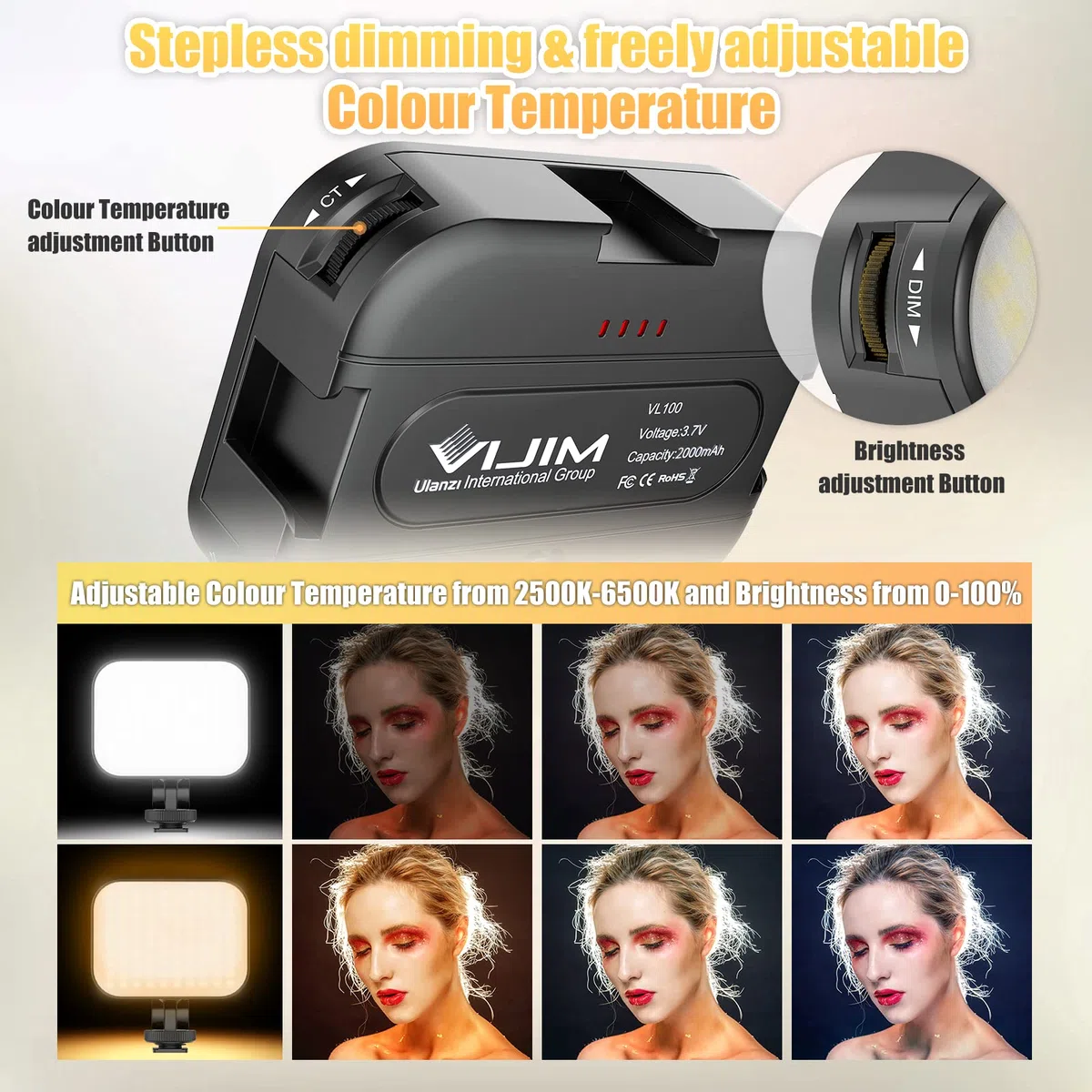 ULANZI VL100C LED Videoleuchte mit 2000mAh Akku, CRI95+ Kameralicht 2500K-6500K dimmbar, Cold Shoe Mount & USB-C Schnellladung für YouTube, TikTok Live, Portraitfotografie