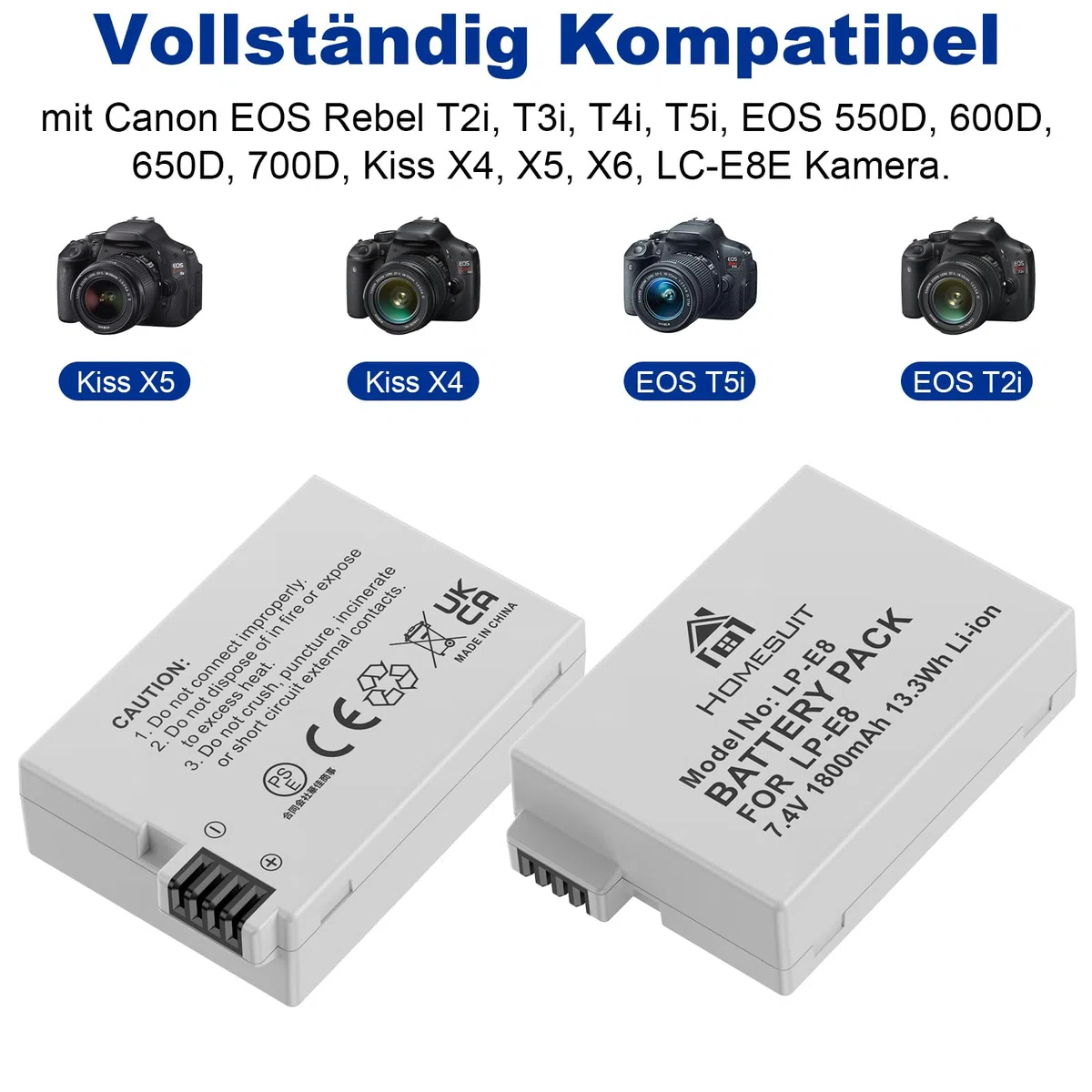Homesuit LP-E8 Akku 1800mAh und LED USB Dual Ladegerät für Canon EOS Rebel T2i T3i T4i T5i EOS 550D 600D 650D 700D Kiss X4 X5 X6 X6i X7i Kamera (2er-Pack)