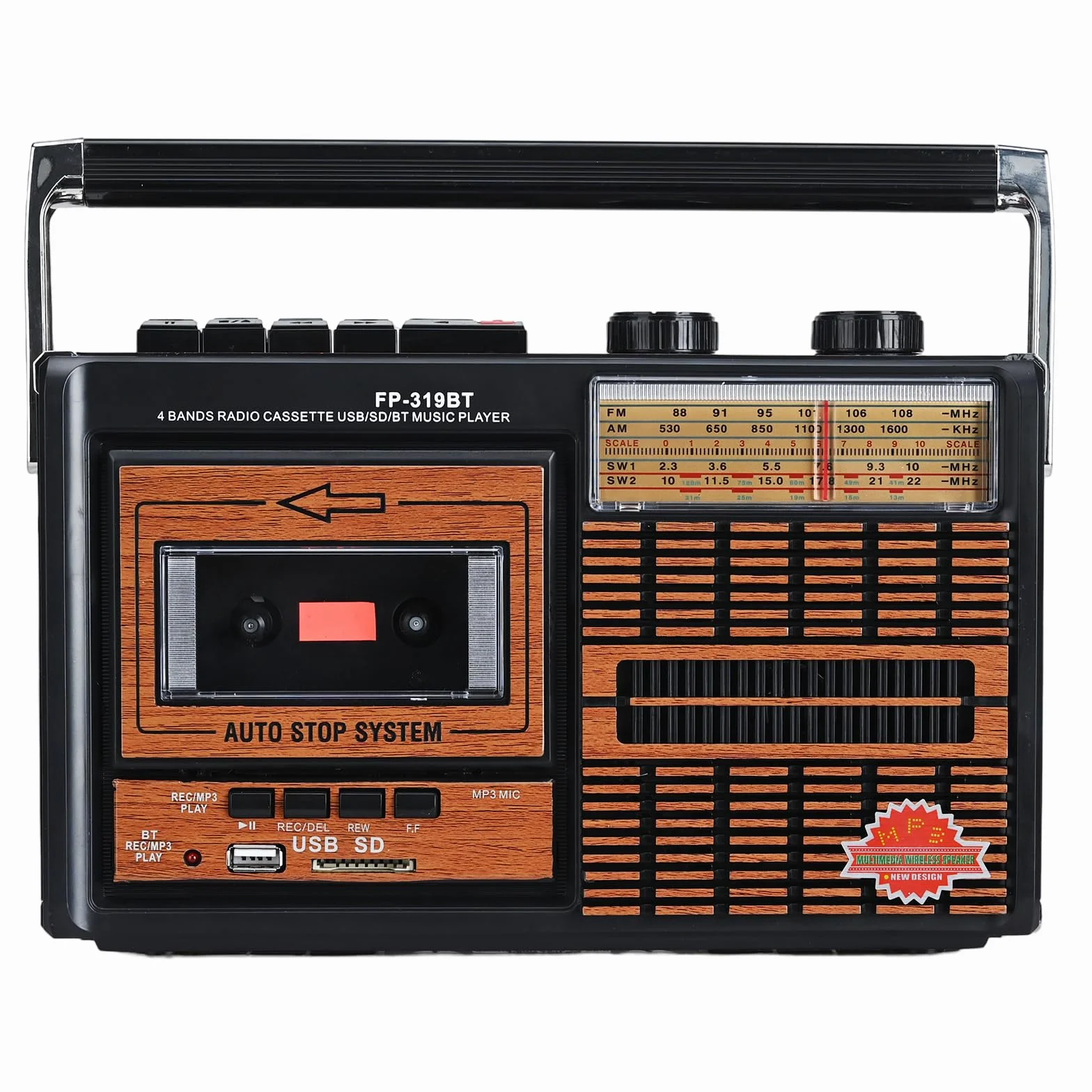 Lychee Tragbarer Retro-Kassettenspieler und -rekorder mit AM/FM/SW1-2 Vier-Band-Radio, eingebautem Lautsprecher, 3,5-mm-Kopfhörerbuchse, unterstützt SD/USB-Eingang (F-319BT)