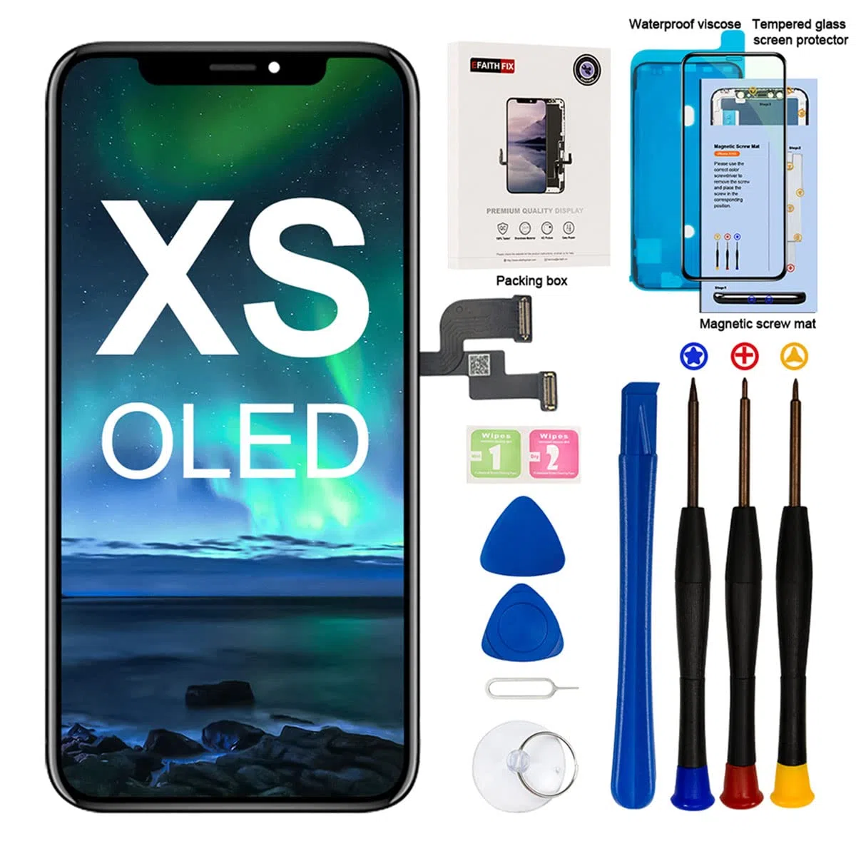EFAITHFIX für iPhone XS Display OLED Ersatz Bildschirm 5,8" Full HD 3D Touchscreen Digitalisierer mit Reparaturset, Wasserfester Klebstoff und Gehärtetes Glas Für Modelle A1865/A1901/A1902