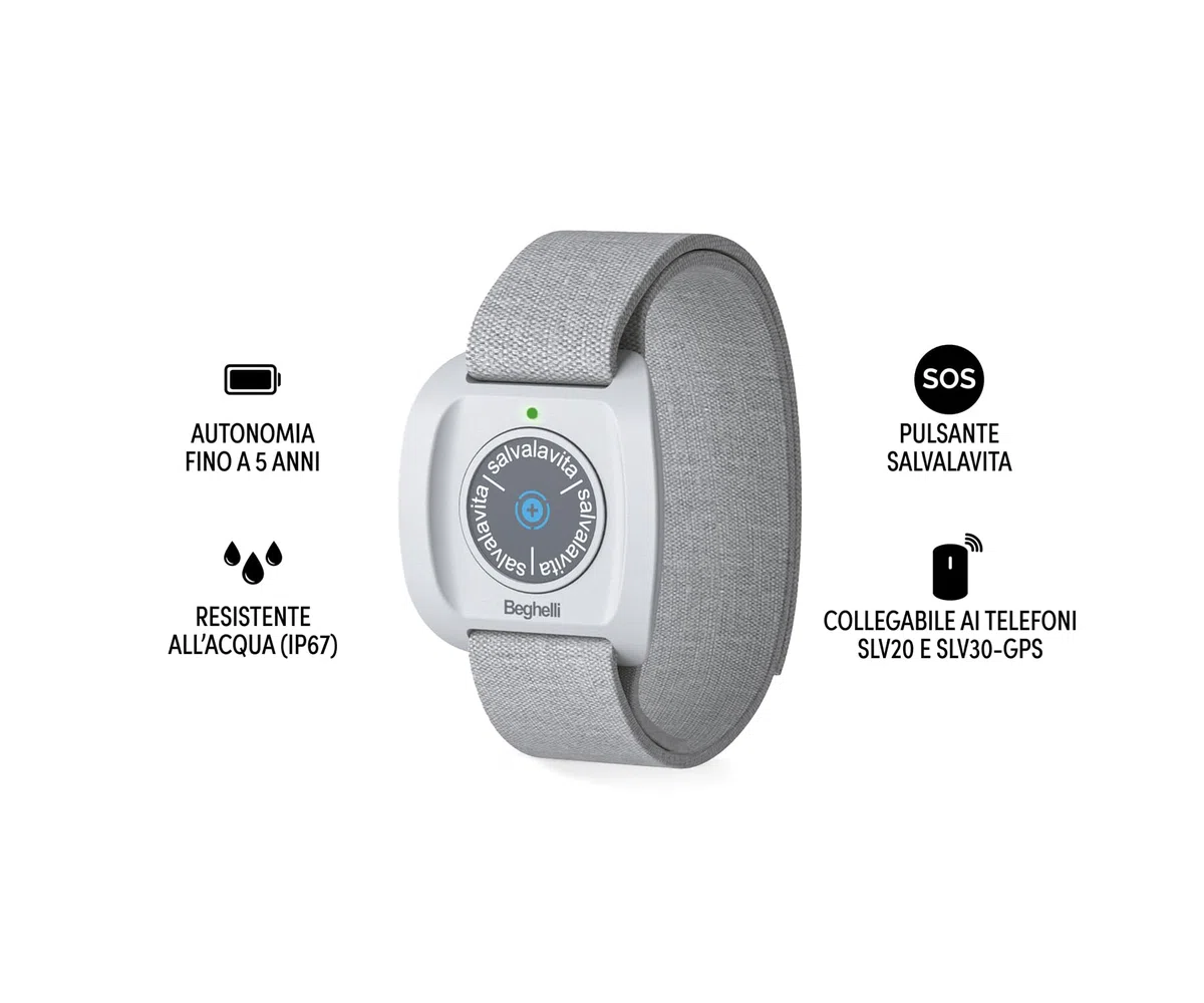 Beghelli - SLV30 Freisprecheinrichtung Plus + Armband für Senioren, GSM SOS, Schnellanruf, tragbare Telekommunikation, GPS, Fallsensor, großes Display, 2,8 Zoll, Weiß