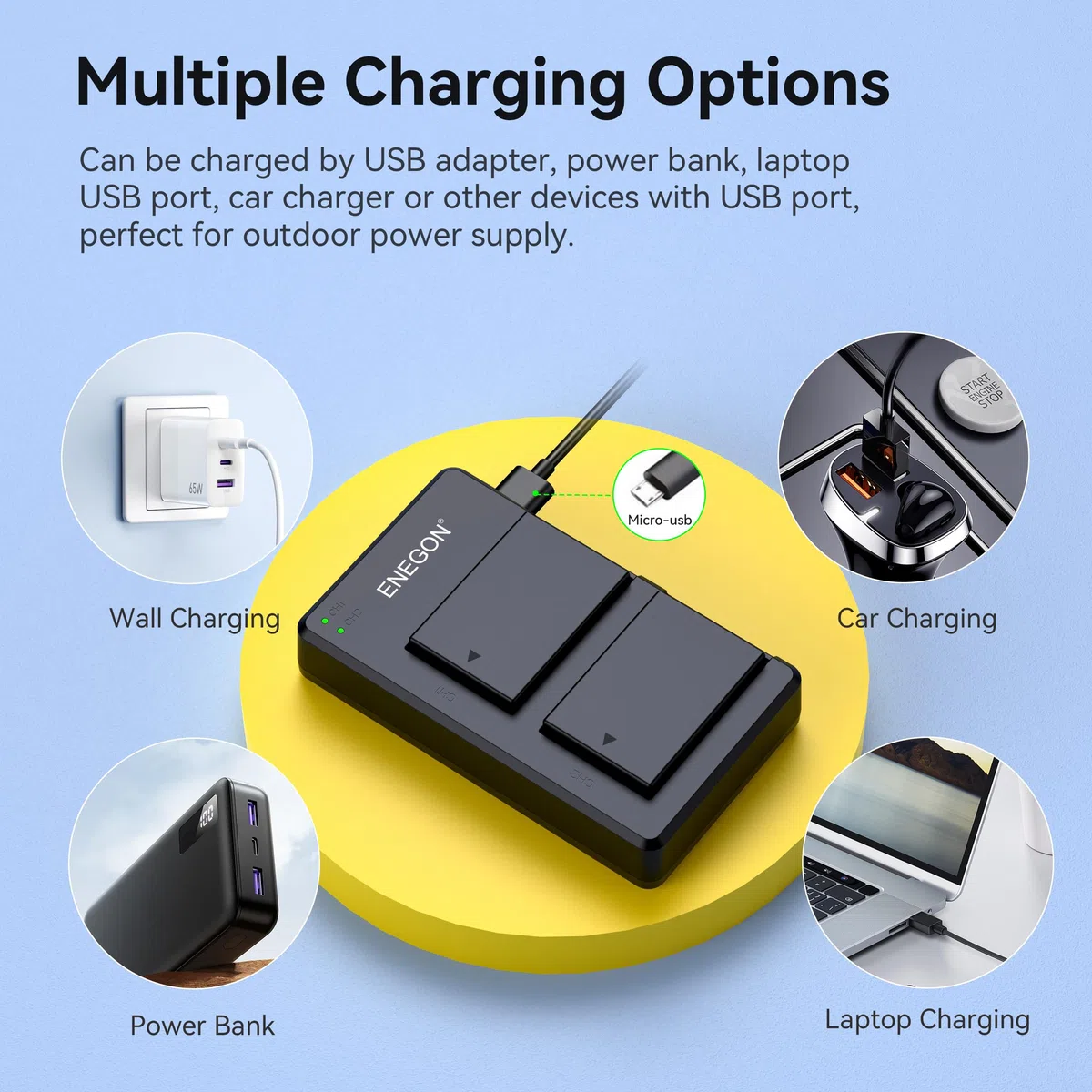 ENEGON 2-teiliger Kamera-Akku LP-E17 mit Dual Micro USB Ladegerät für Canon Rebel SL2, T6i, T6s, T7i, EOS R10, R8, RP, R50, R100, M3, M5, M6, 200D, 250D, 77D, 750D, 760D, 800D, 8000D und mehr