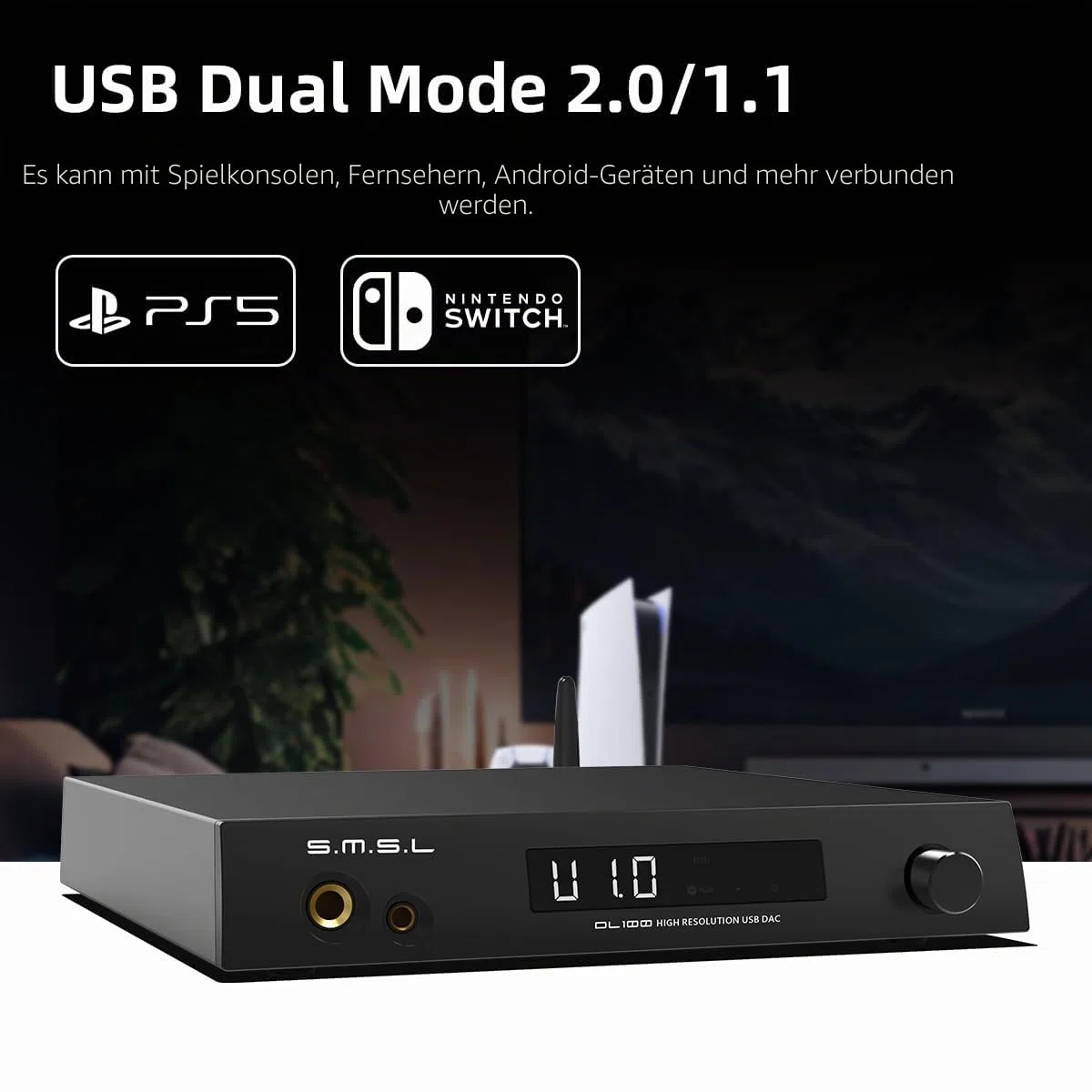 SMSL DL100 Audio-Decoder-Kopfhörer-Verstärker, 4 x CS43131-Chip, HDMI (ARC) kann für TV, Dual-Modus-ISB, 6,35 mm + 4,4 mm Dual-Kopfhörer-Ausgang, XLR-symmetrisch + Cinch-Ausgang, voll funktionsfähige