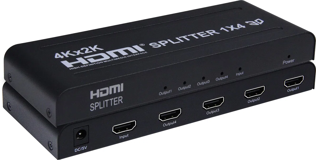 PremiumCord 4K HDMI Splitter 1-4 Port mit Netzteil, Metallgehäuse, Video Auflösung 4Kx2K 2160p UHD, Full HD 1080p, Farbe schwarz