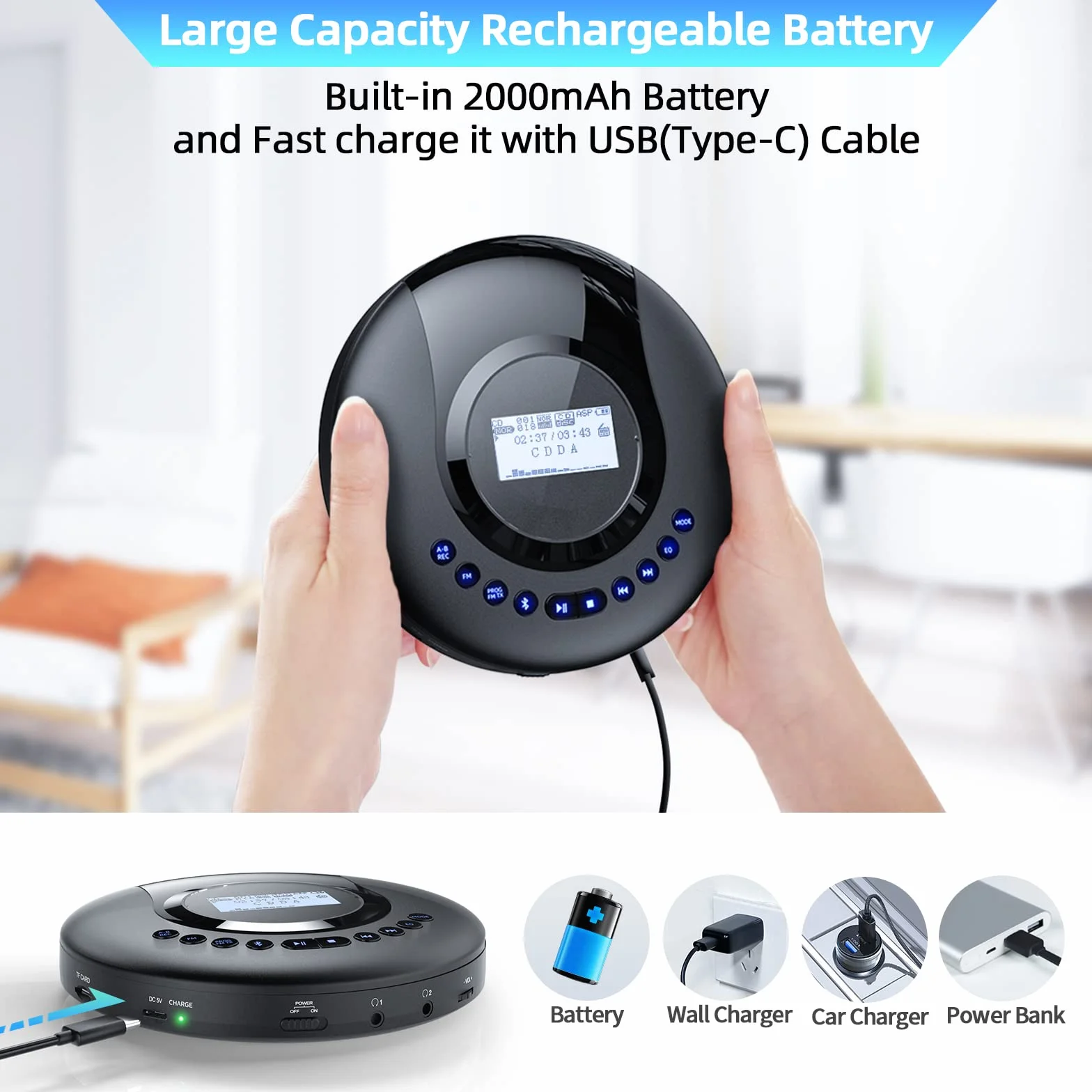 Arafuna Tragbarer Bluetooth CD-Player mit Akku & LCD-Display, 2000mAh wiederaufladbarer Discman mit Anti-Shock, FM-Radio, Kopfhörer – Geeignet für Auto & Kinder
