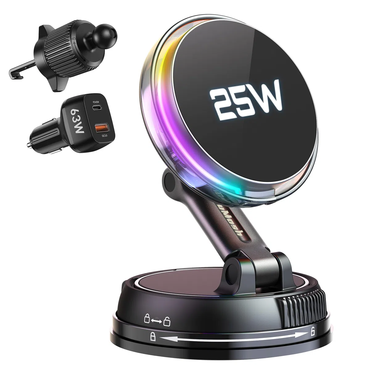 Qi2.2 25W Auto-Halterung mit Ladegerät, [Telefon-Kühlventilator & RGB-Beleuchtung] Kabelloses Auto-Ladegerät mit 78+ lbs Vakuum-Saugnapf, magnetische Halterung mit 63W-Adapter für iPhone 17–12