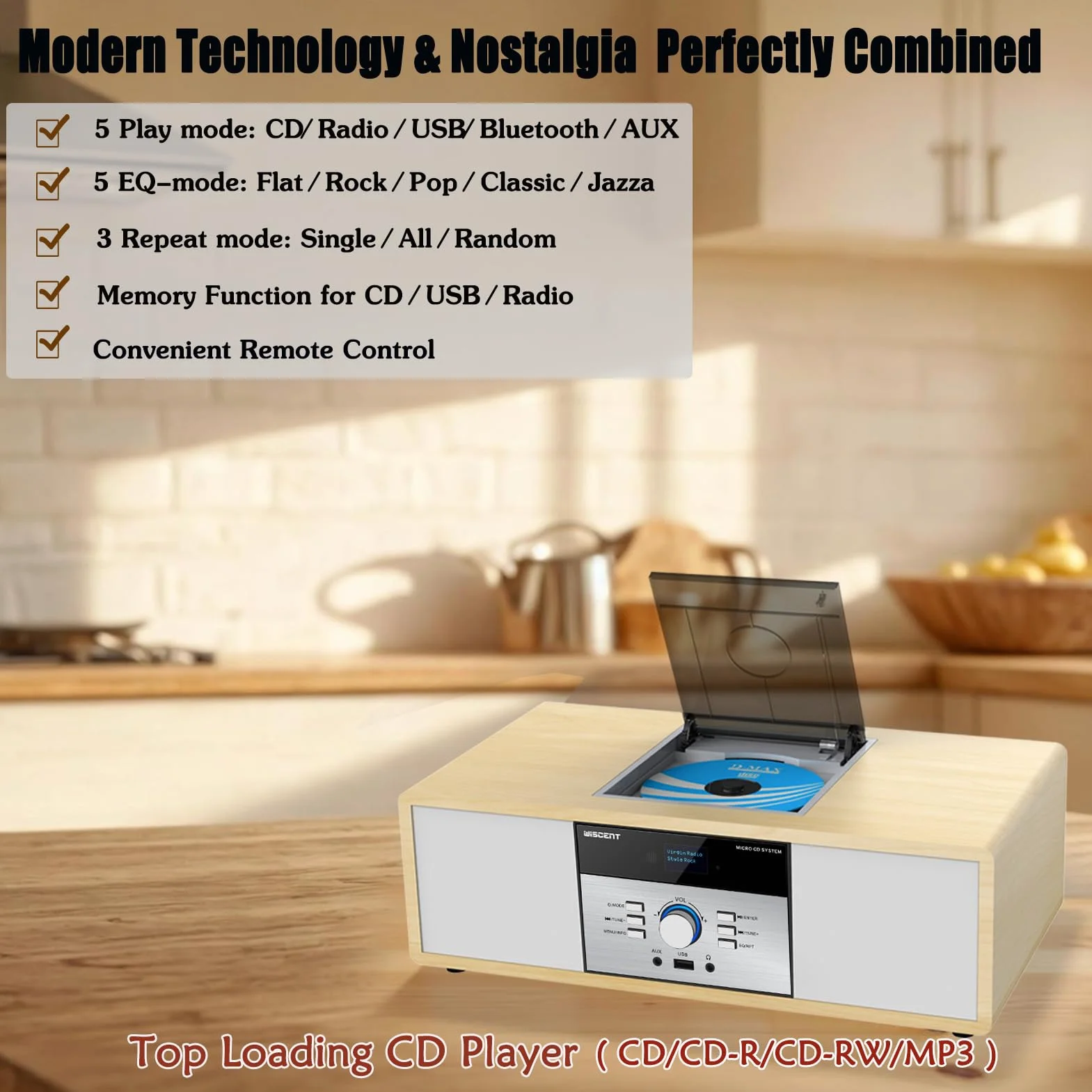 DAB Radio mit CD Player, Vintage-HiFi-Musiksystem aus Holz mit Bluetooth, DAB+, UKW-Radio, AUX- und USB-Eingang, Fernbedienung, Kompaktradio und Stereoanlage