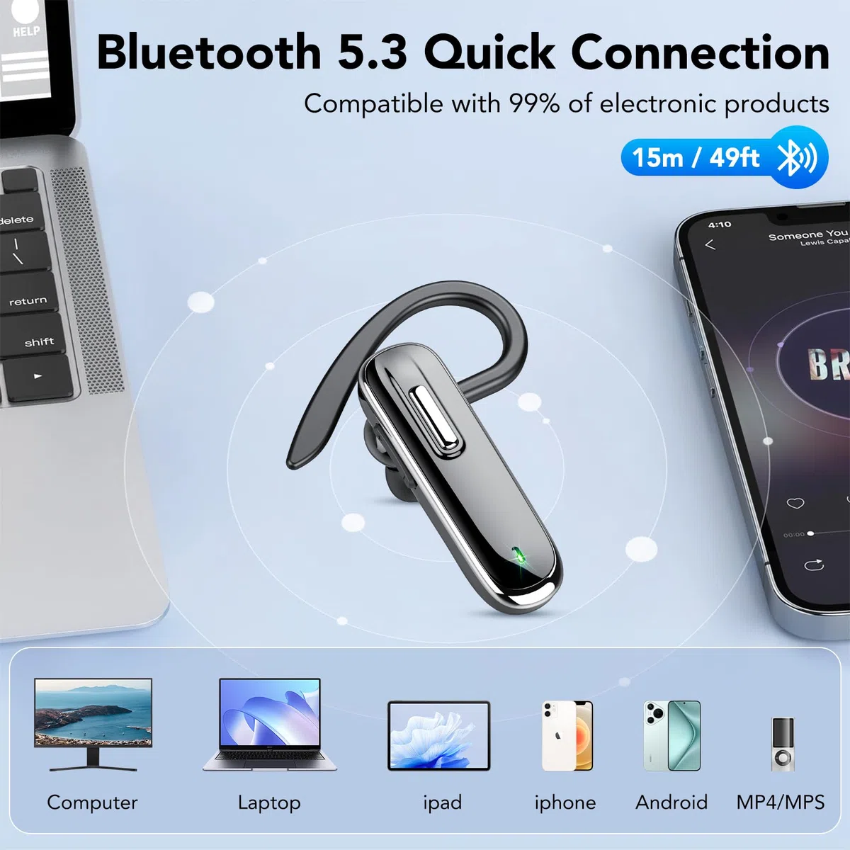 Kabelloses Bluetooth-Headset mit CVC8.0 Dual-Mikrofon V5.3, Freisprecheinrichtung, Bluetooth, 25 Stunden klare Anrufe, mit Schnellladebox über USB-C für iPhone, Android, PC