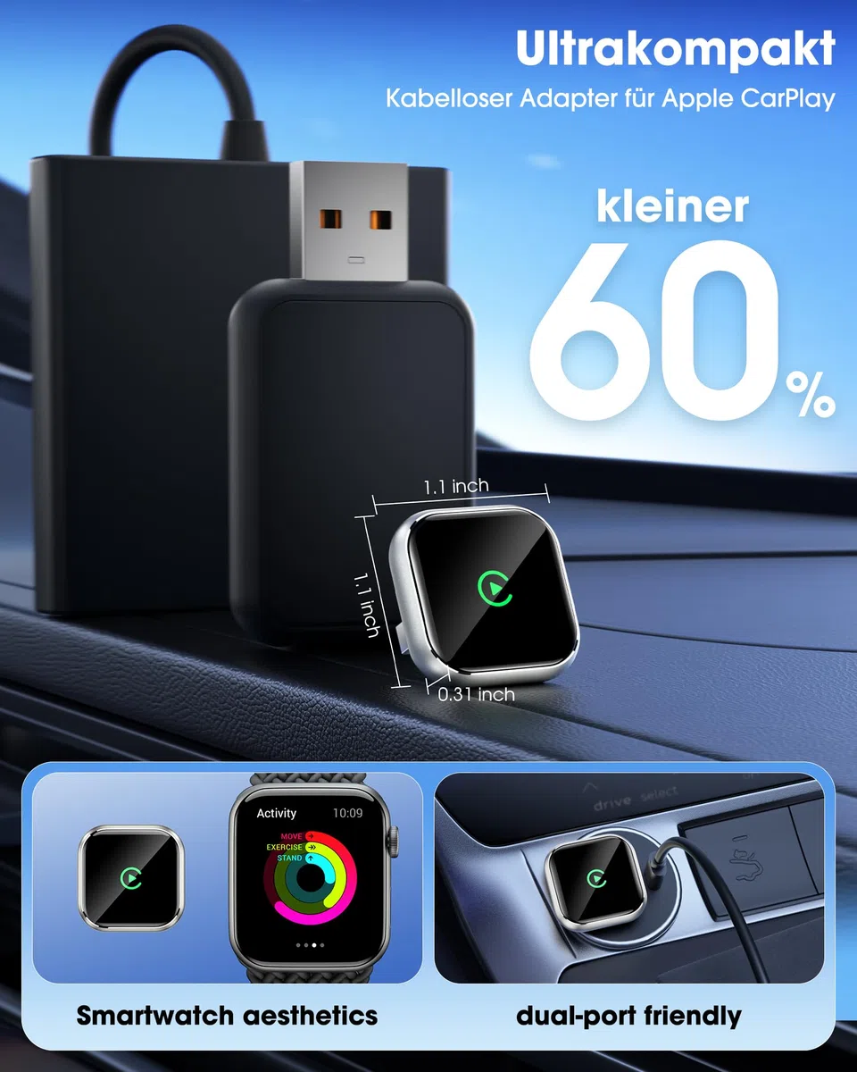 Wireless CarPlay Adapter mit GPS und Navigationsunterstützung - Kabelloses CarPlay für Fahrzeuge ab 2016, 5GHz WiFi, Auto-Connect, Niedrige Latenz, Nur für iPhone (Gold)
