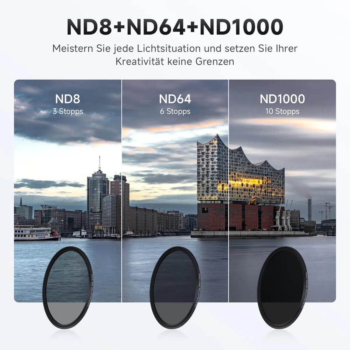 Rollei F:X Pro ND Filterset (ND8, ND64, ND1000) Neutraldichtefilter Set mit 3 Graufiltern (58mm) mit Ultrafeinem Coating Kratzfest Wasserdicht Rundfilter für Kameraobjektiv