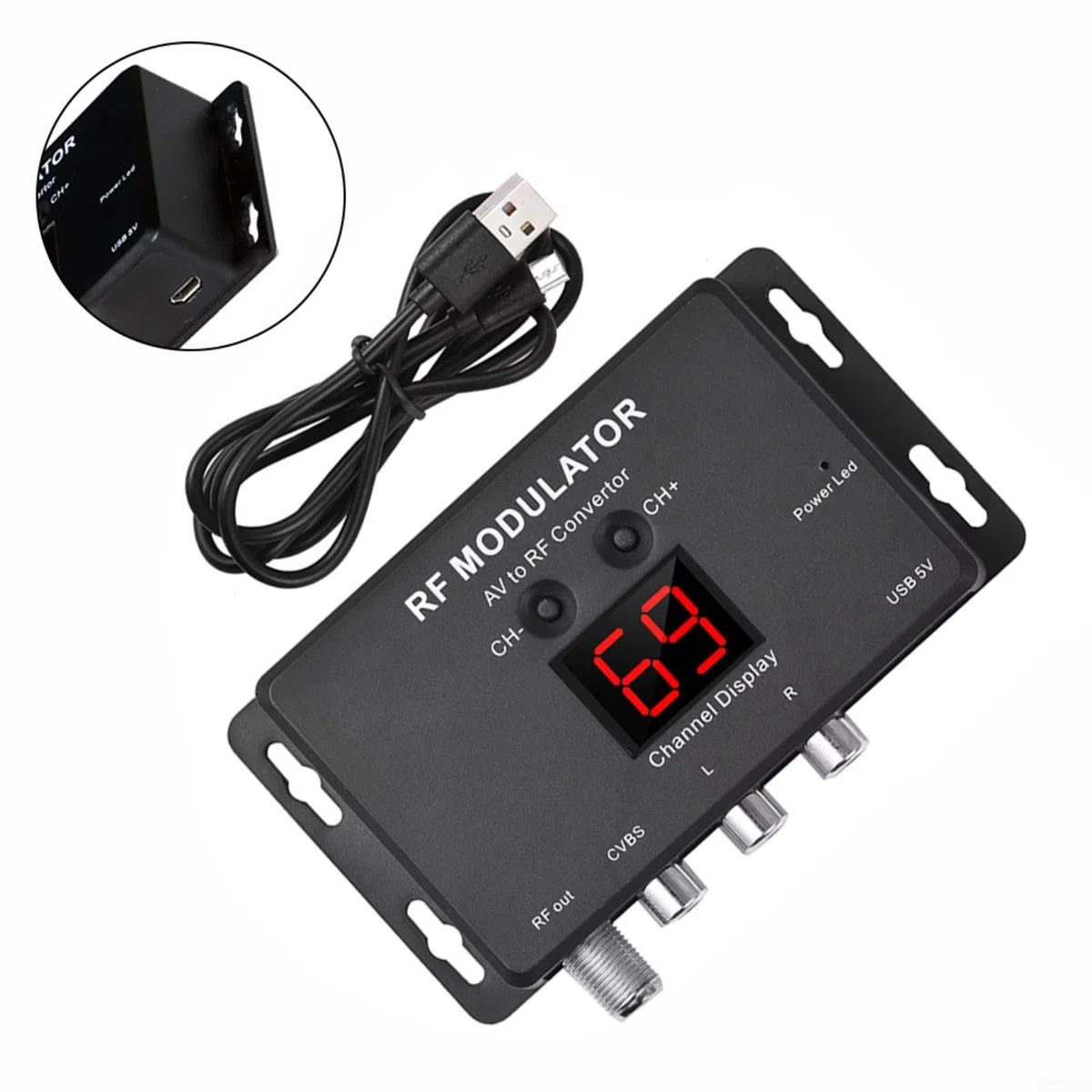 RF Modulator M60 AV zu RF Konverter für PAL NTSC TV Formate 471,25–885,25MHz UHF Ausgang 75Ω USB Stromversorgung Schwarz