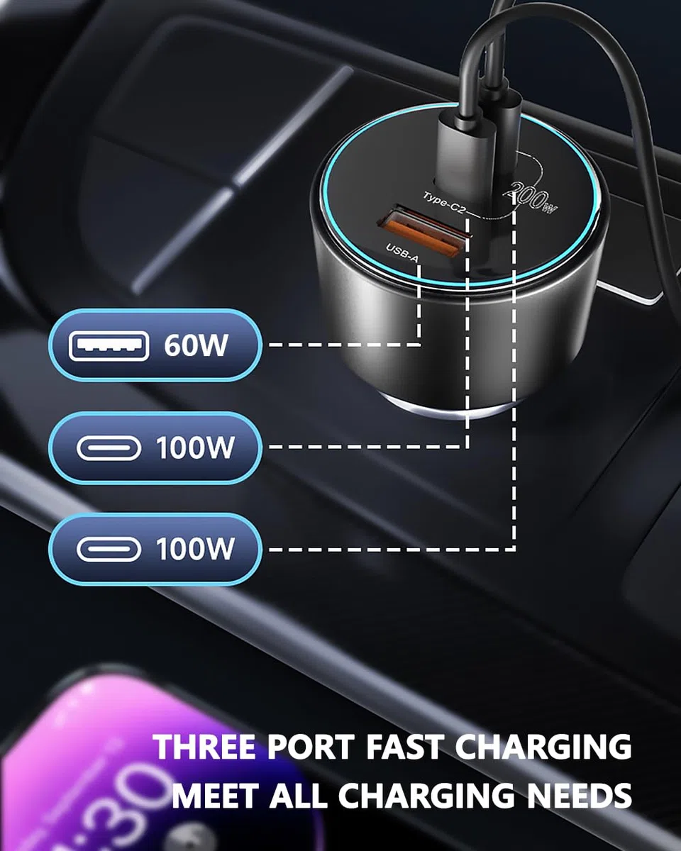 Zigarettenanzünder USB C 200W Autoladegerät 3-Port KFZ Ladegerät Kompatibel Mit iPhone 16/15/14/13, MacBook Pro/Air, Surface, Galaxy S24, Mit 2 100W Kabel