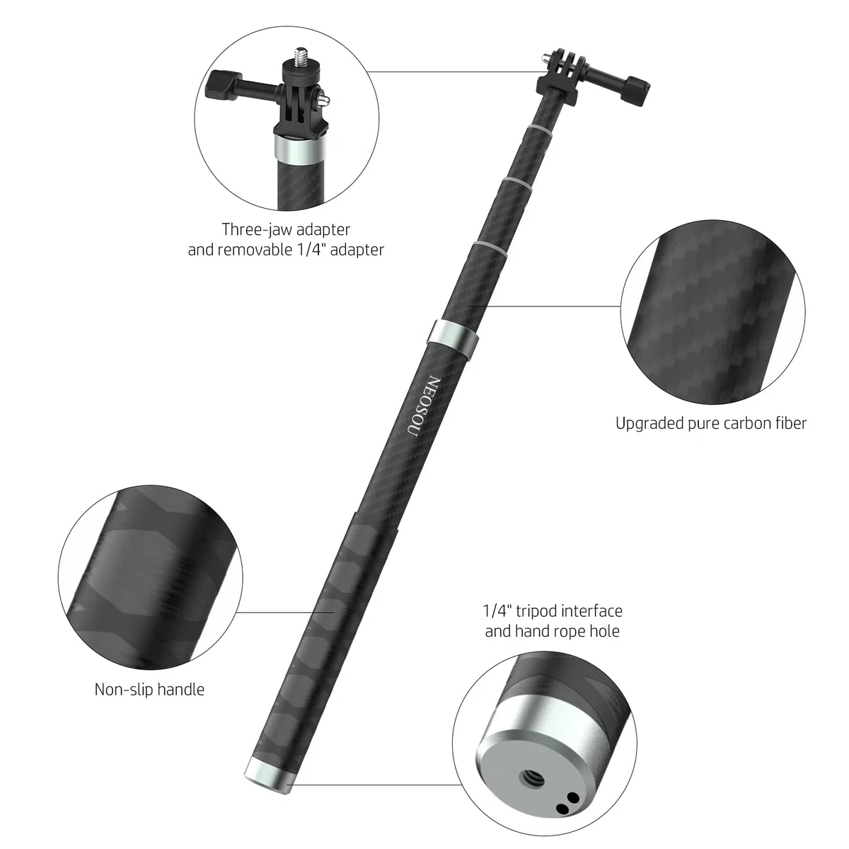 120cm Einbeinstativ Kohlefaser Selfie-Stick Verlängerungsstange für GoPro 13 12 11 10 Insta360 X5 X4 X3 Ace Pro 2 GO 3S Ultra für DJI Action 6 5 Pro 4 3 Osmo 360 Nano Pocket 3 Zubehör