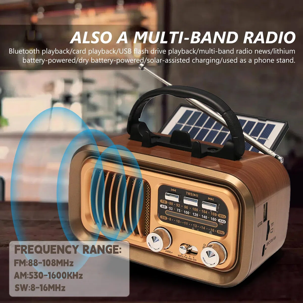 Tragbar Retro Radio mit Bluetooth, AM/FM/SW Solar Kofferradio Batteriebetrieb/D-Zellen Betrieb, Lautsprecher Küchenradio mit Solarpanel Handyständer Unterstützt USB/TF-Karte Vintage Radio(Gold)