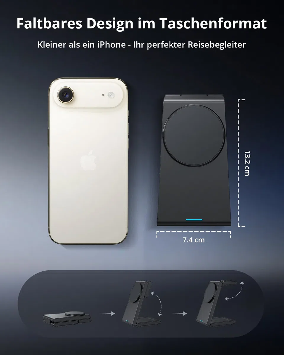 GEEKERA 3-in-1 Faltbar Ladegerät für Mag-Safe, Induktive Ladestation für Apple Watch und iPhone, Induktionsladegerät Kompatibel mit iPhone Air/17/16/15/14/13/12, Apple Watch 11-2, AirPods, Mattschwarz