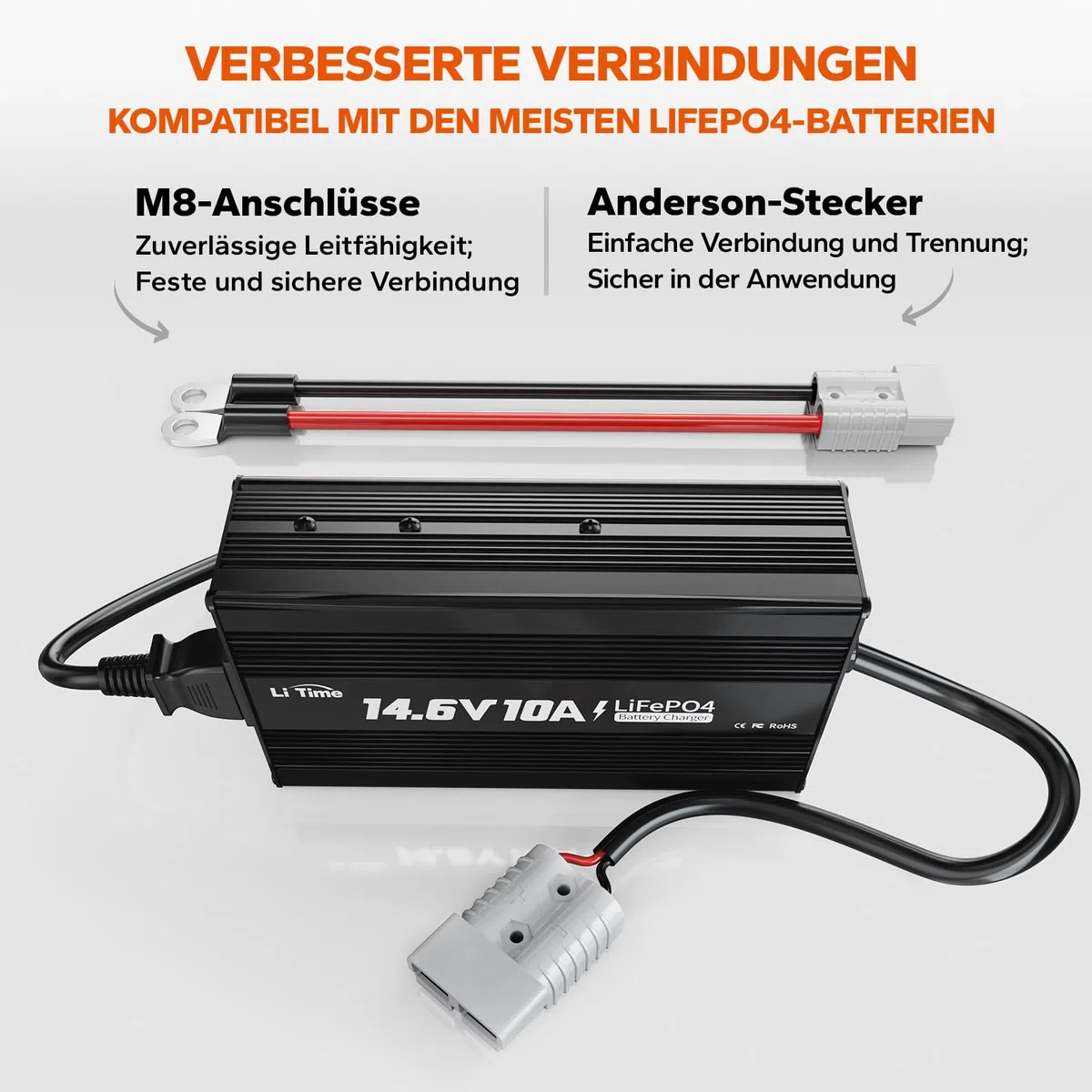 LiTime 12V 10A Batterieladegerät, 14,6V AC-DC LiFePO4 Lithium-Batterie-Ladegerät mit Anderson-Anschluss LED-Anzeige Ladegerät speziell für Deep-Cycle-Akkus für Womos, Häuser, Insel- & Solaranlagen