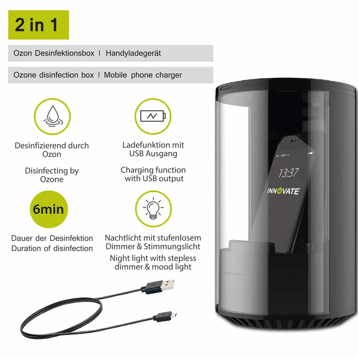 INNOVATE - Ozon Desinfektionsbox, Sterilisator, Desinfektionsgerät für Handy, Schlüssel, Smartphone, Schmuck, Brille UVM., LED Beleuchtung, USB-Kabel, USB-Port