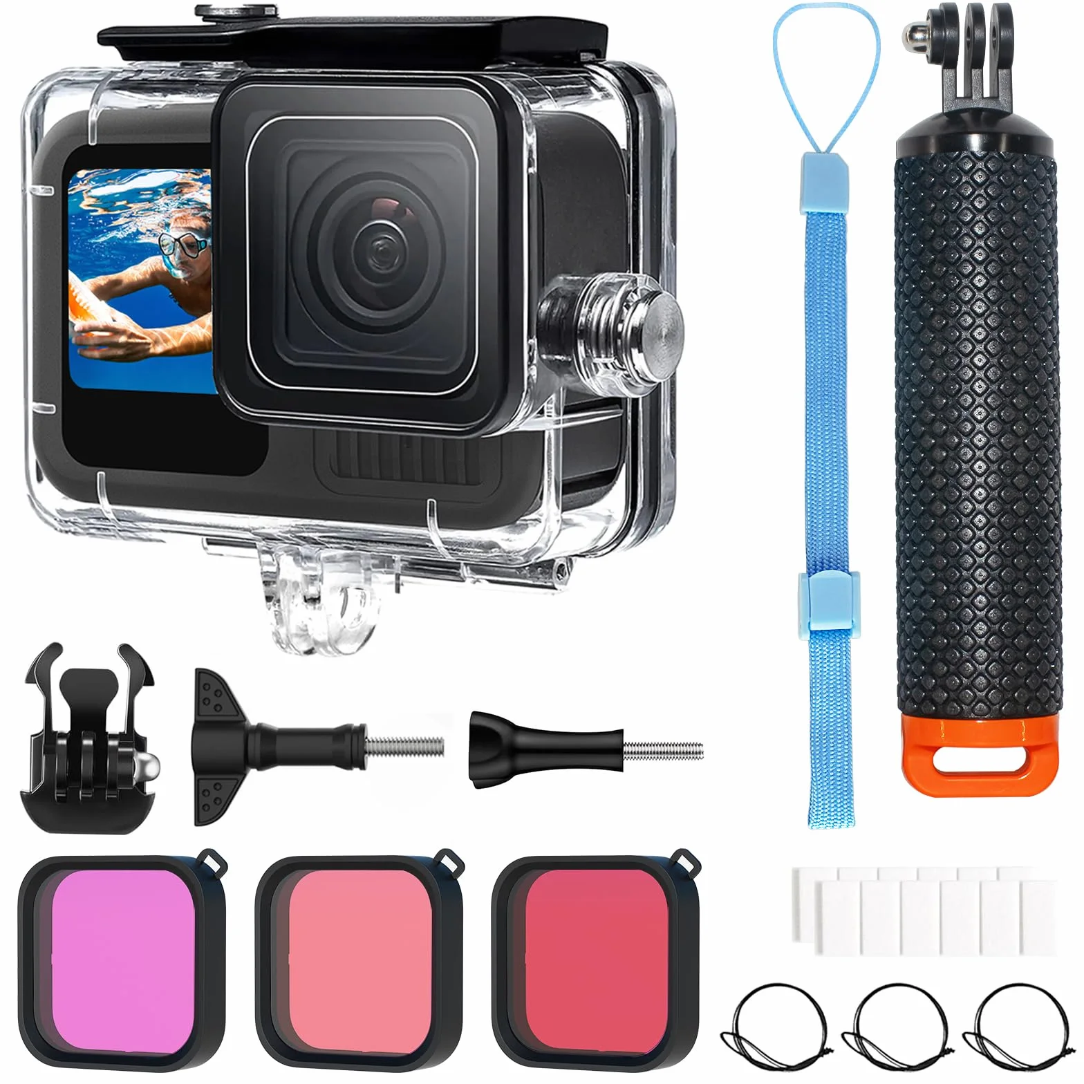 OKFUN Wasserdichtes Gehäuse mit 3 Filtern für Go Pro Hero 13/Hero 12/Hero 11/Hero 10/Hero 9 Schwarz, 60 m/196 Fuß Unterwasser-Tauchgehäuse, Einbeinstativ, schwimmender Griff