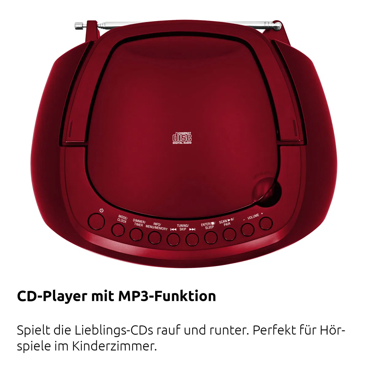 TechniSat DIGITRADIO 1990 - Stereo-Boombox mit DAB+/UKW-Radio und CD-Player (Bluetooth-Audiostreaming, Kopfhöreranschluss, USB, AUX in, Ladefunktion, Uhr, 2 x 1,5 Watt Ausgangsleistung) rot