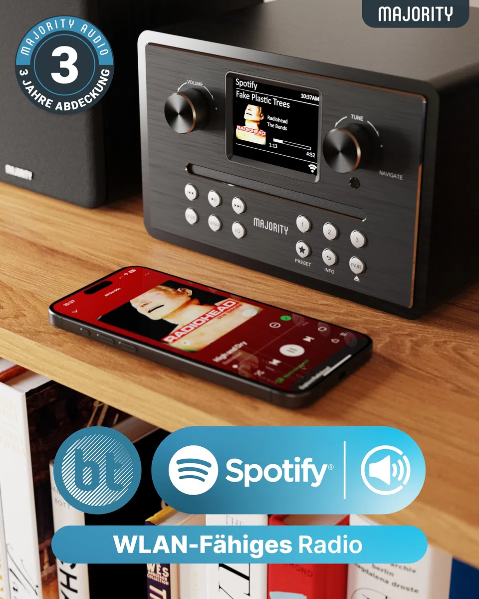 Internetradio WLAN Stereoanlage | HiFi Anlage DAB+ & UKW | CD Player Bluetooth 5.3 | Musikanlage mit Regallautsprechern | Kompaktanlagen mit Spotify Connect & Podcasts | MAJORITY Homerton HiFi