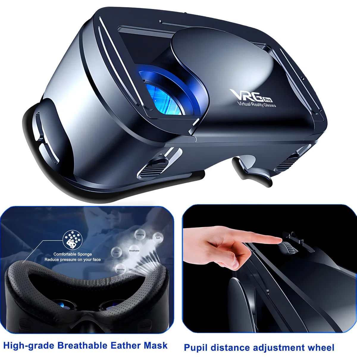 VR Brille Handy, Virtual Reality 3D Headset mit Fernbedienung, Augenschutz 3D Handy Brille HD Anti-Blau Linsen VR Headset, Kompatibel IOS Android für Phone 5,0-7,0 Zoll(Schwarz)