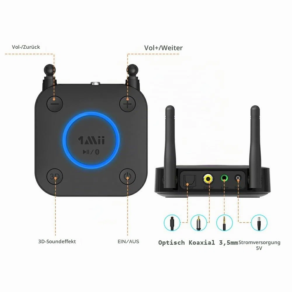 1Mii Aux Bluetooth Adapter, aptX Low Latency Bluetooth empfänger Audio, Bluetooth 5.0 Receiver mit Optical RCA AUX 3.5mm Koaxial für Home Stereoanlage…