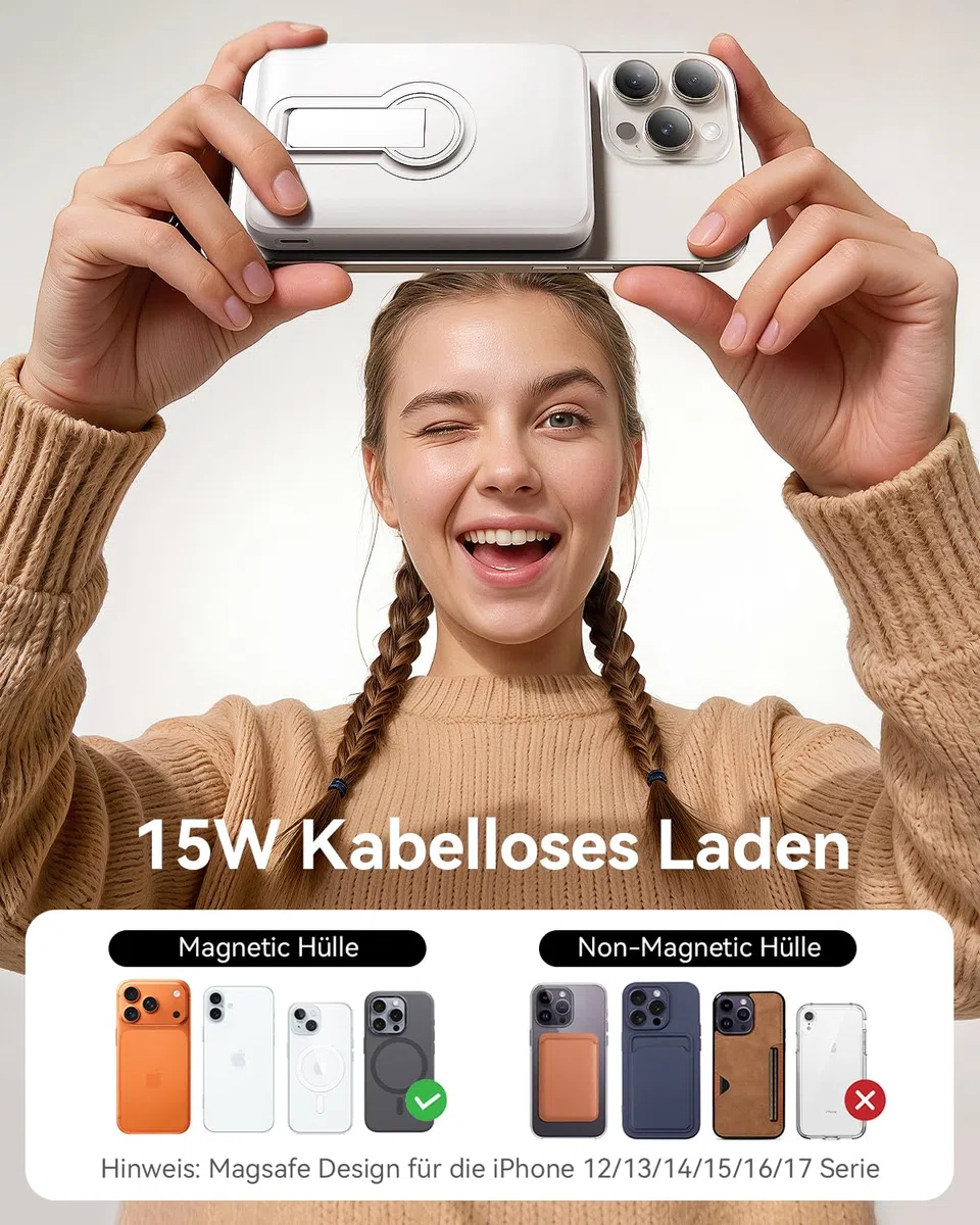 Powerbank für Magsafe, 12000mAh Kabelloses Power Bank mit 22.5W PD USB-A Ausgabe, Magnetische Externe Handyakkus mit LED-Anzeige, Typ-C Eingang & Ausgang für iPhone 17/16/15/14/13/12/Pro/Pro Max