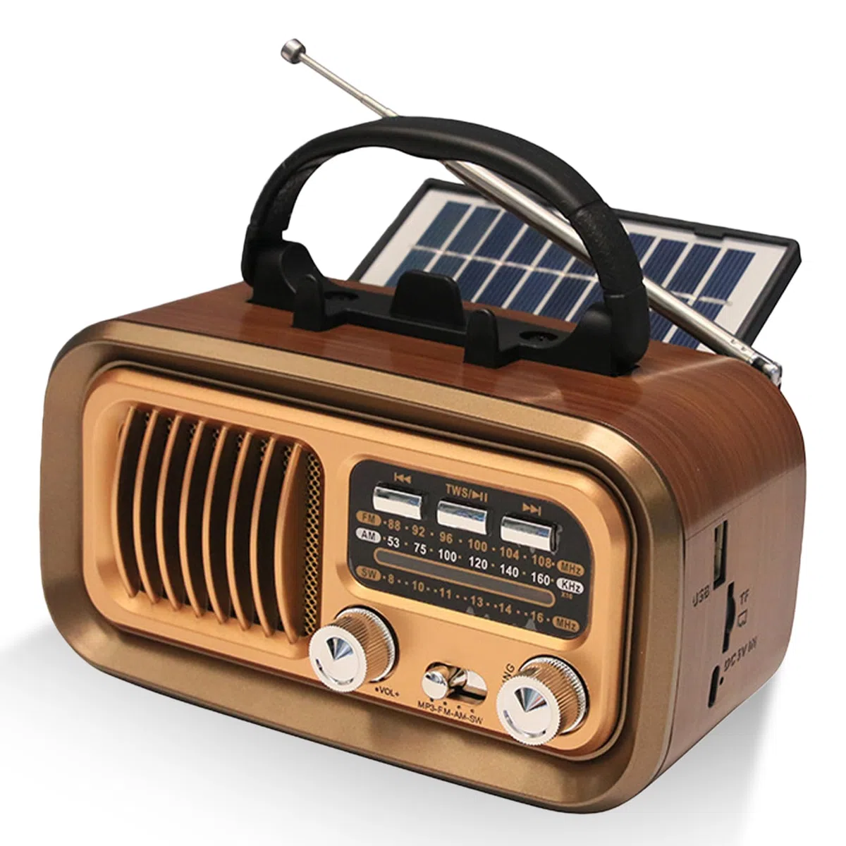Tragbar Retro Radio mit Bluetooth, AM/FM/SW Solar Kofferradio Batteriebetrieb/D-Zellen Betrieb, Lautsprecher Küchenradio mit Solarpanel Handyständer Unterstützt USB/TF-Karte Vintage Radio(Gold)