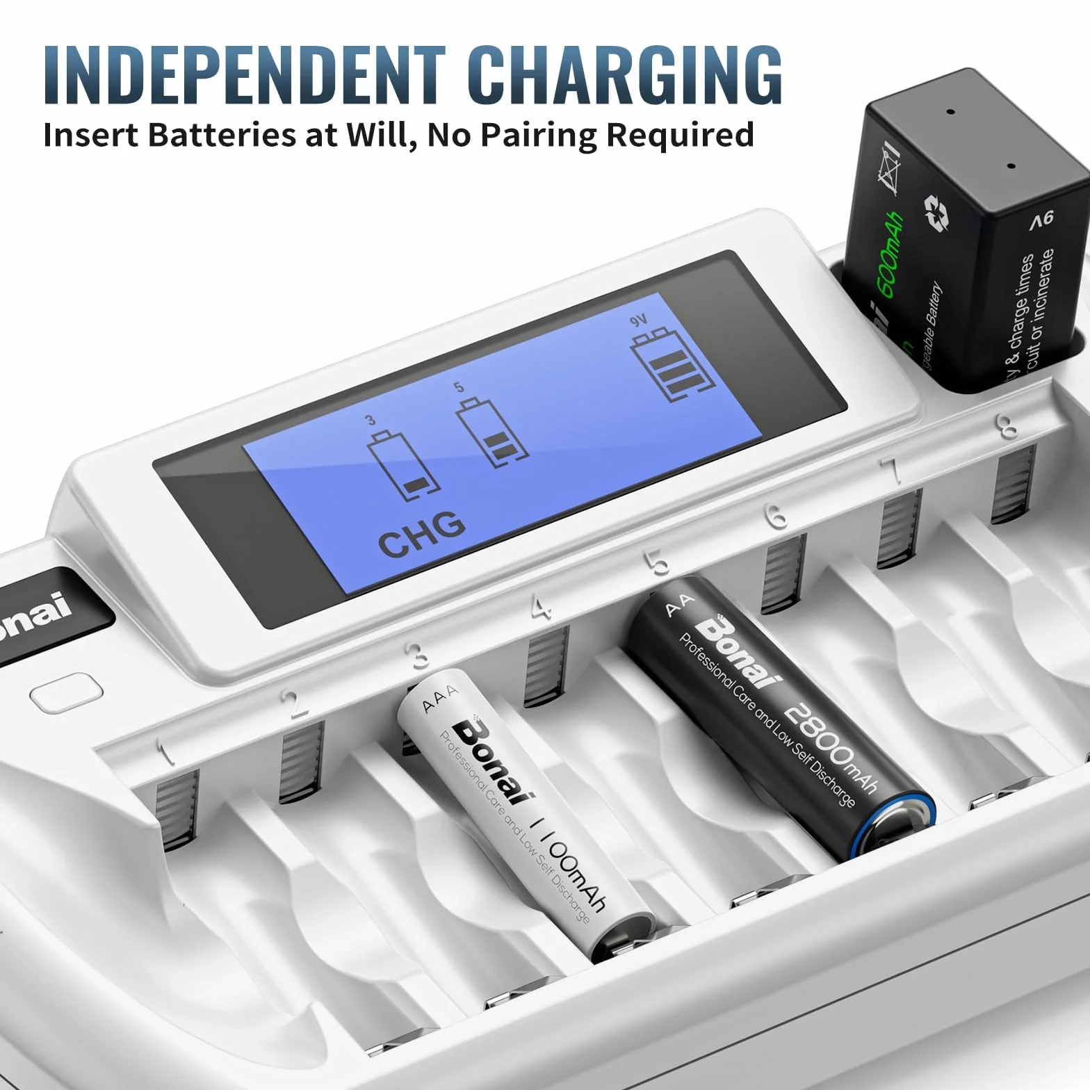 BONAI Intelligentes Ladegerät für AA AAA NI-MH Akkus und 9V Block, 9 unabhängige Ladeschächte, Batterieladegerät mit LCD-Display, Ladestation für wiederaufladbare Batterien