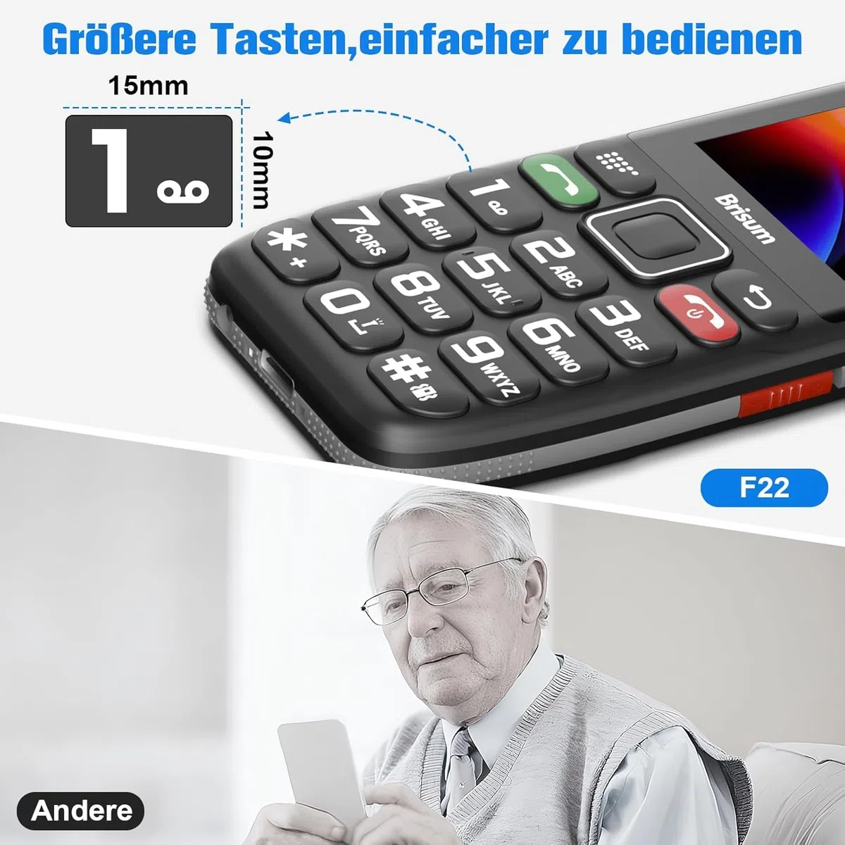Version F22 Seniorenhandy ohne Vertrag | 2500 mAh Akku Lange Standby-Zeit |SIM mit Notruftaste | Rentner Handy Große Tasten| Großtastenhandy mit Ladestation | 2,4 Zoll Farbdisplay