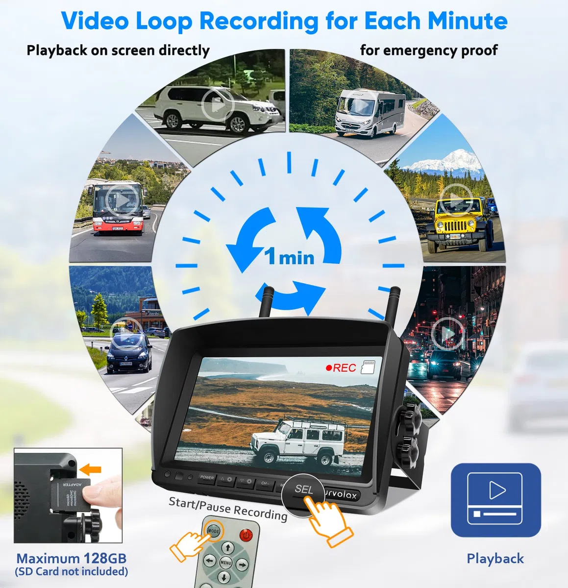 URVOLAX Rückfahrkamera Kabellos 6700mAh Wiederaufladbare Batterie Magnetische 7 Zoll Monitor Videoaufzeichnung DIY Installation für Wohnmobil Wohnwagen Anhänger LKW