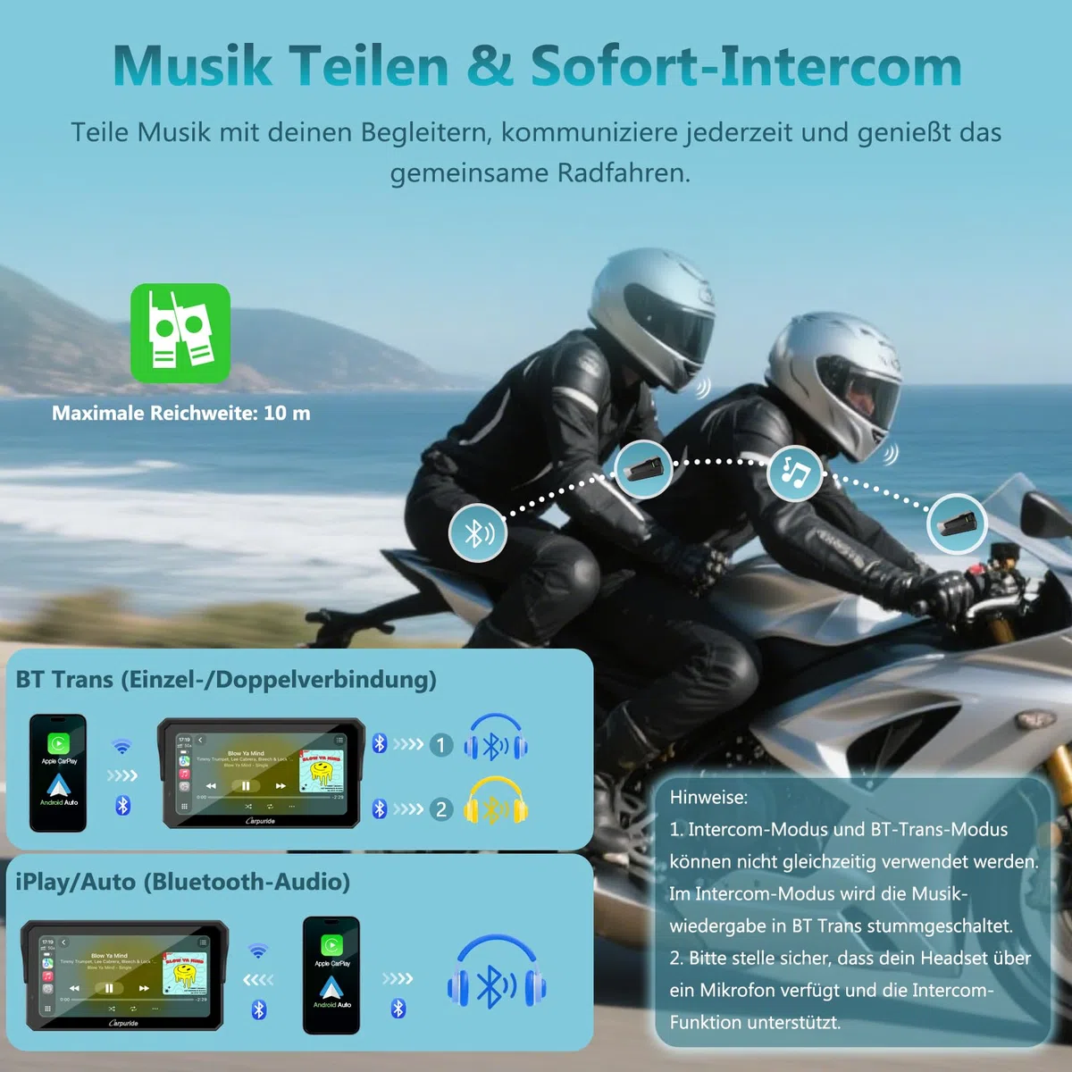 Carpuride W602S Pro Motorrad CarPlay Bildschirm mit BM05 für Plug-and-Play, Kabelloses CarPlay & Android Auto, 6,25" Wasserdichter Touchscreen, OTA, Dual-Bluetooth, Intercom-Funktion, Kabel Controller