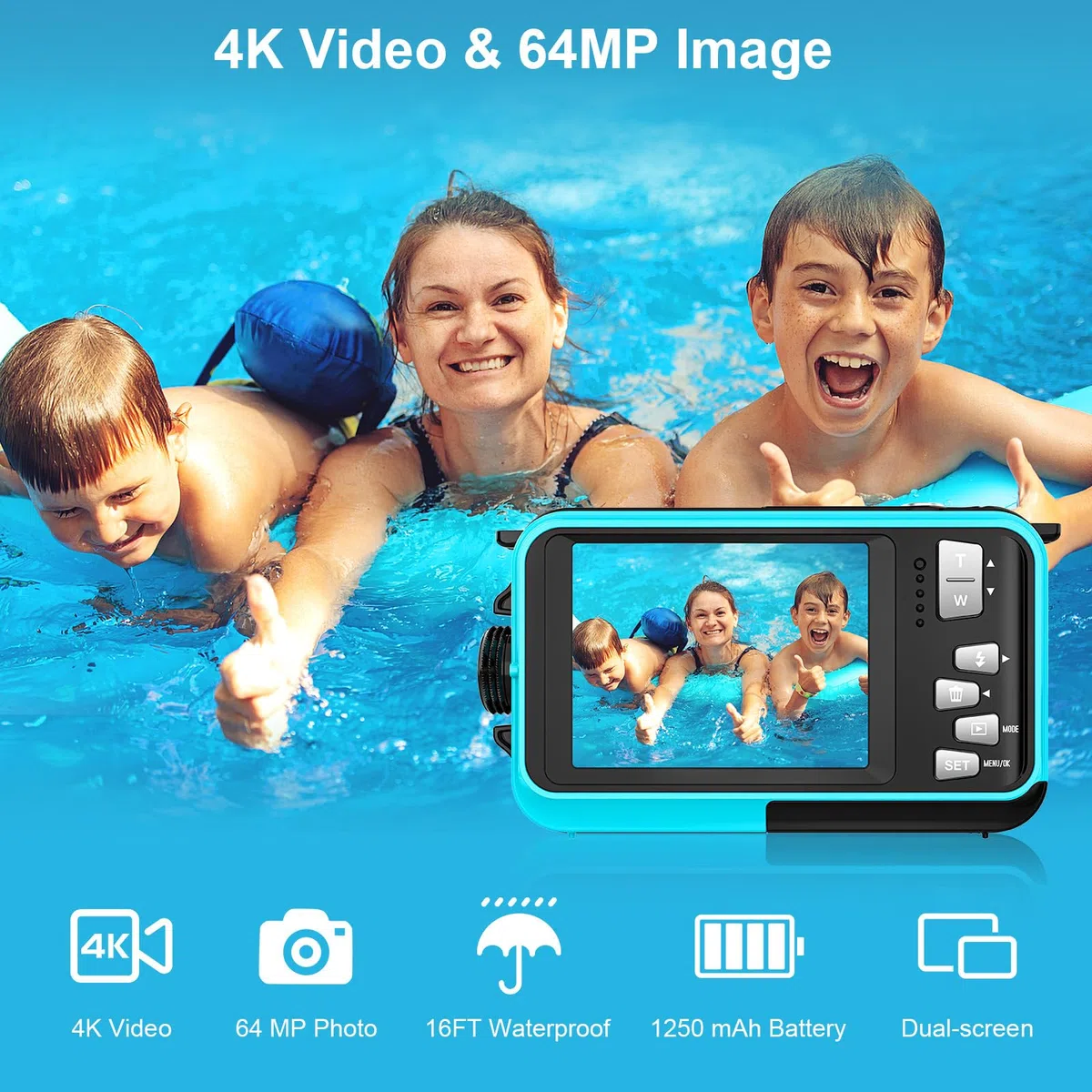 Digitalkamera, Yixinxin 4K Unterwasserkamera, 64MP Autofokus 16FT Digitalkamera wasserdichte mit 32GB Karte, Dual-Screen Selfie 1250mAh Batterie, 16X schwimmfähig Digital für Schnorcheln